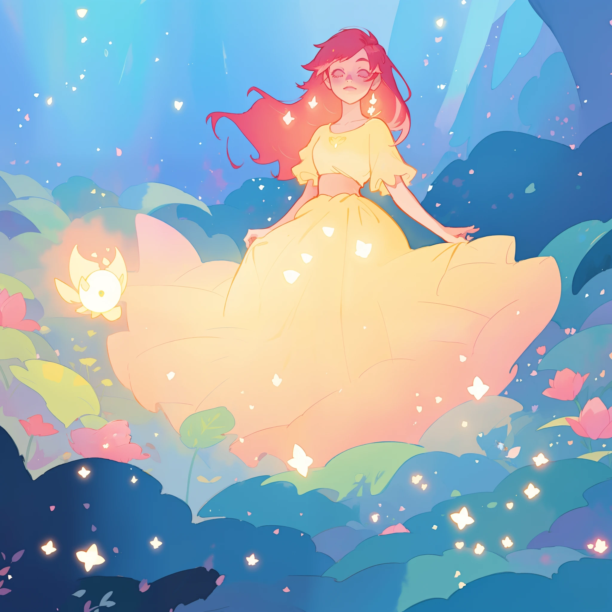 beautiful girl in glowing golden ballgown, long flowing red pink hair, fantasia magical forest background, watercolor illustration, disney art style, glowing aura around her, glowing lights, beautiful digital illustration, fantasia otherworldly landscape plants flowers, beautiful, masterpiece, best quality, anime disney style