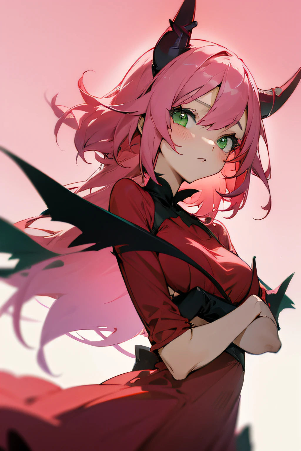 anime girl, pink hair, green eyes, devil horns, cute red dress, soft colors