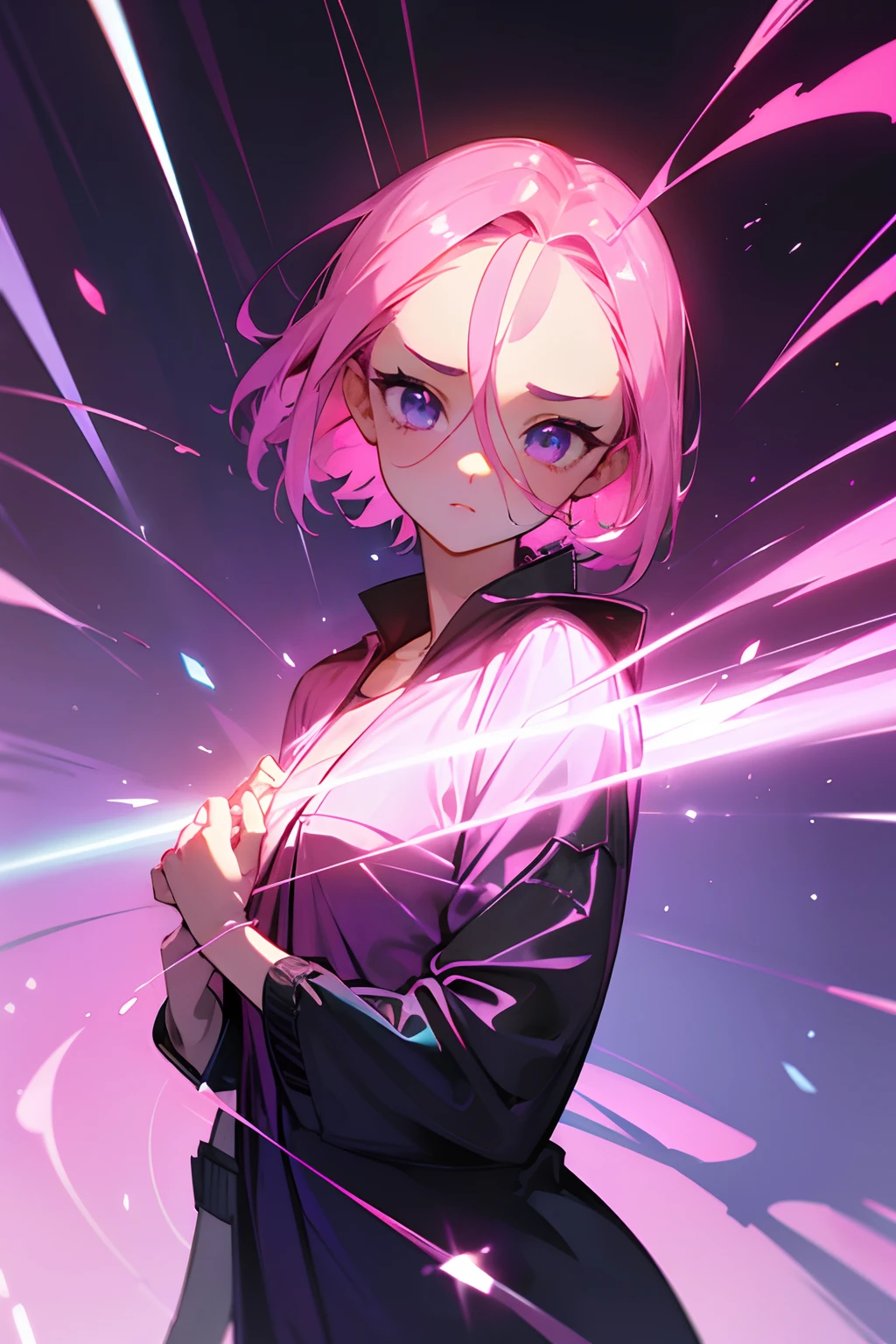(Master parts, Best quality, hyper-detailing, Best shade), (white backgrounid), (beautiful face detail), hight contrast, (best illuminate, Extremely Delicately Beautiful), (Cinematic light)), vivd colour, Hippel de Tal Hamento, intricately details, Standing painting (1 girl, soio, forehead, A pink-haired, Sharp face, Short hair, Long fluorescent coating (brokenglass), Workwear, Redness of the eyes, hair between eye), The light swirls around the character, Purple light particles, Magical Circle, cyber punk style