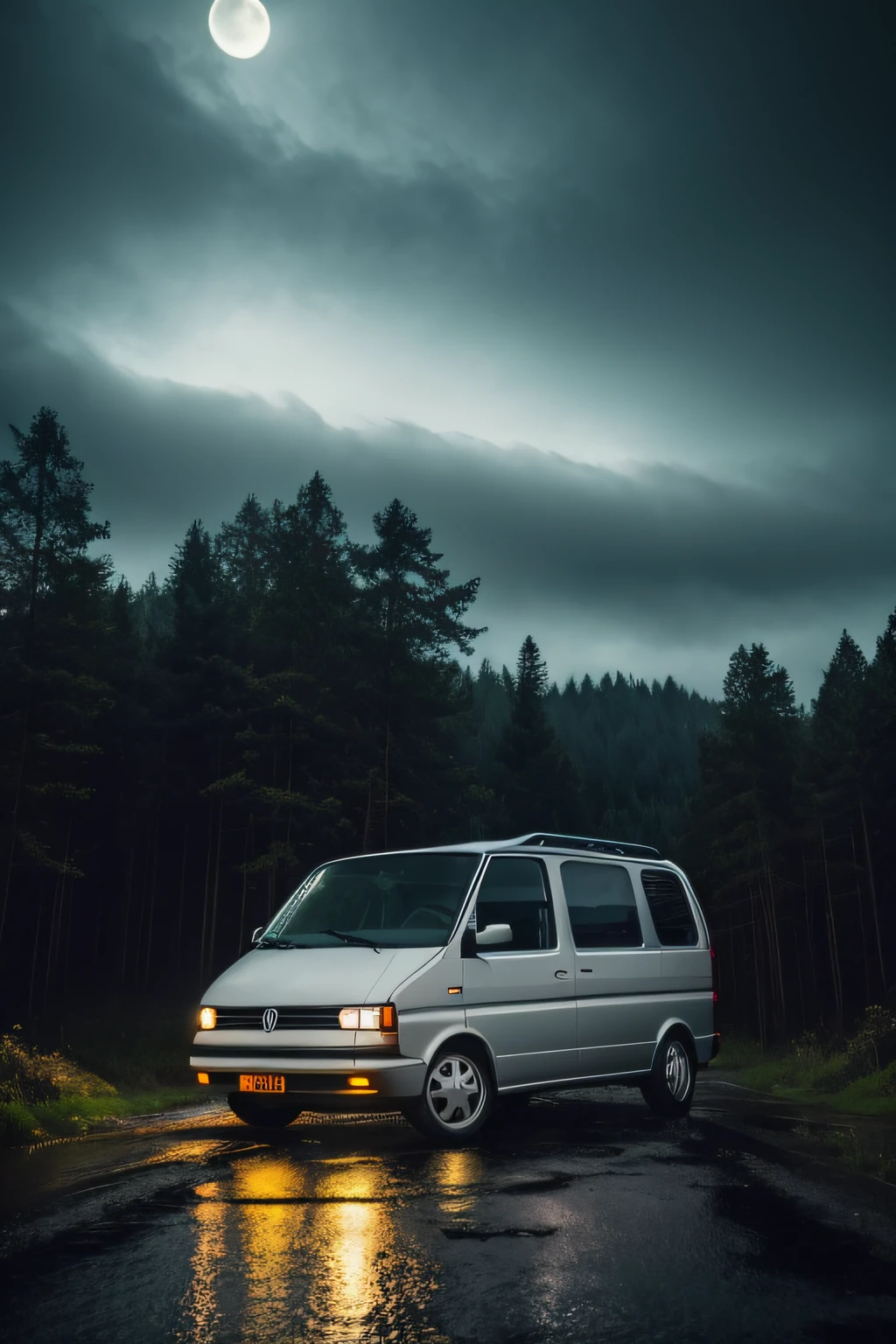 1996 volkswagen transporter, t4, eurovan, white van rocky road at night, raining, best quality, 4k, highres, ultra-detailed, realistic, rainy and snow weather effect, driving on an offroad rocky path through woods, dramatic lighting, reflections on the wet ground, misty atmosphere, gloomy mood, vibrant colors, headlights illuminating the road, dark clouds in the sky, moonlight shining through the clouds, creepy and mysterious ambiance, cinematic style, long exposure shot, blurred car lights, tranquil yet eerie atmosphere, suspenseful scene.