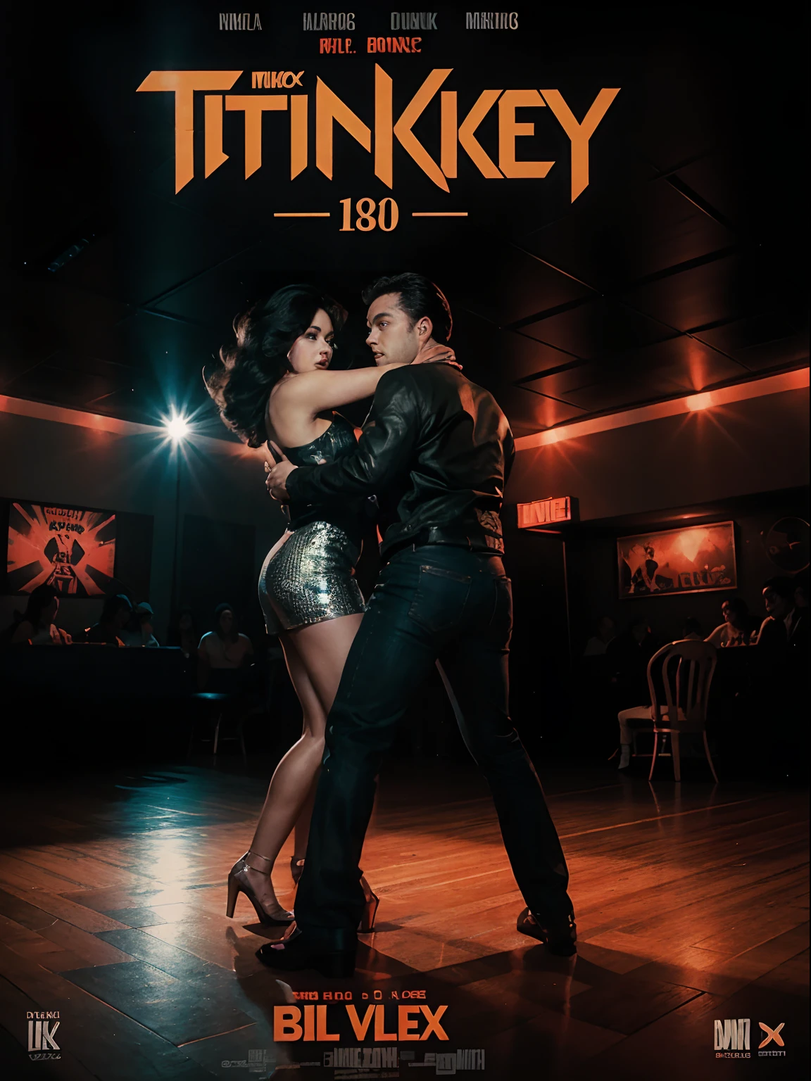 1980s \(style\) retro movie poster, dance party, huge bold text, poster art, disco theme, strong, bold inking techniques, romantic design, This bold inking style adds to the overall dramatic and visually striking aesthetic.