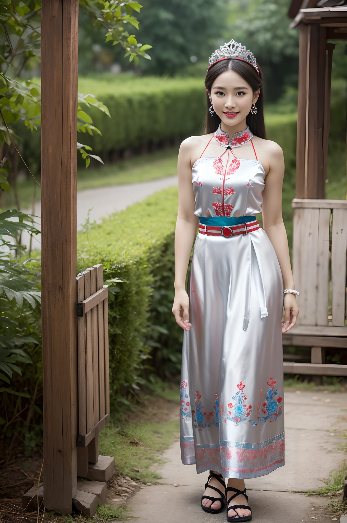 （8K分辨率，Vista full body photo），（1womanl，20yr old，（Facial features of Thai Aum：1.8，s delicate face），详细的脸，Redlip，Fair smooth skin，（Classic Hmong costume：1.4，（nedium breasts、The back is decorated with floral fabric，The cuffs are multi-colored horizontal strips，Cardigans，Short waist long version），Headband silver crown（Silver Crown（styling：It is quadrangular and protruding，entangle，Such as spiral or eccentric，Various patterns are printed on the flat surface），Silver items（Silver collars range from small to large，There are up to seven circles），Silver necklace，Bun hairpins），（pleatedskirt，There is a belt（Hmong embroidery、batik）），耳Nipple Ring，bangle，Tall and tall，The action of the conversation，perfect hand，Ultra-fine clothing material），（Traditional Xijiang Miao village，Festive party night background in cottage，Exquisite environmental details），（exhilarated，confident smile，Rejoice），（profesional lighting，动态照明），（（The colors are more balanced，（black in color，blue colors，red colour））），（Golden section，Cinema lenses，Hasselblad photograp，tmasterpiece：1.3），（Miaozhai idol，Focus on the field，trendsetting，Folklore artist，Art platform）