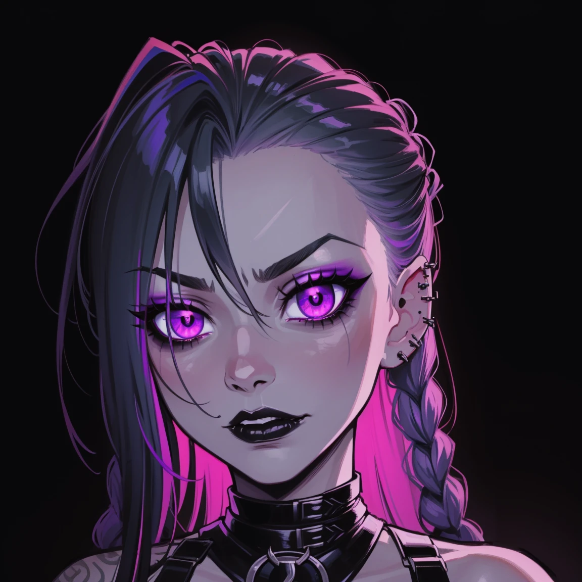 Jinx, goth girl, autumn forest background, detailed, detailed, detailed, beautiful, detail, goth girl, masterpiece, dark night background, gothic, goth, goth, detailed, goth girl, piercings, detailed face, looking viewer, Jinx, (Dark eye shadow) dark eye shadow, black eye shadow,