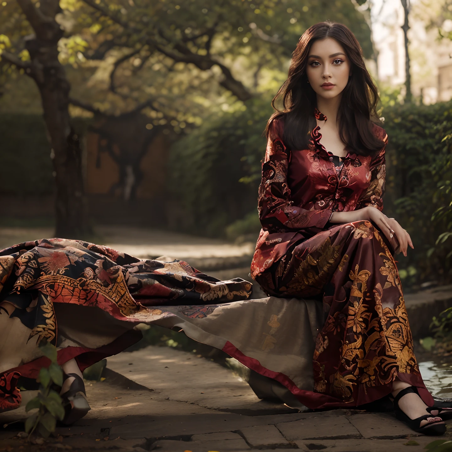 Masterpiece, Best Quality, 3D Rip Artwork, 3DMM Style, Close-up, Portrait, Realism, a woman beautifully makeup, eyeshadow, Parted Lips, Challenge Eye, beautiful big eyes, long eye lashes, (( red n black batik satin shirt)), strolling on a trail in the spring, garden, river