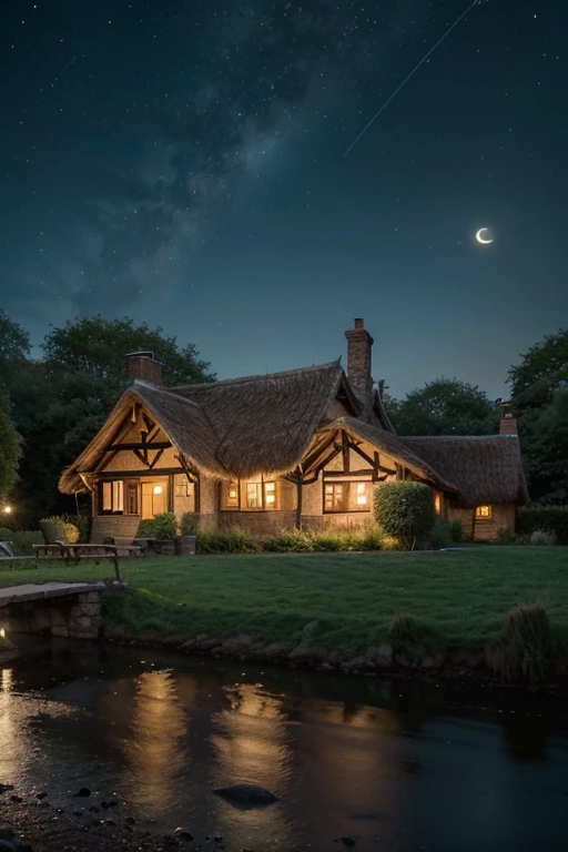 In a land where the moon and stars did play,
A humble cottage sat by a river's gentle sway.
Its thatched roof, a haven for travelers weary,
And within, a hearth warm and cheery.
With walls adorned by tales of old,
In the hearth's embrace, stories were told.
Underneath the vast, velvety night's gleam,
Hope and dreams found life in this enchanted dream.