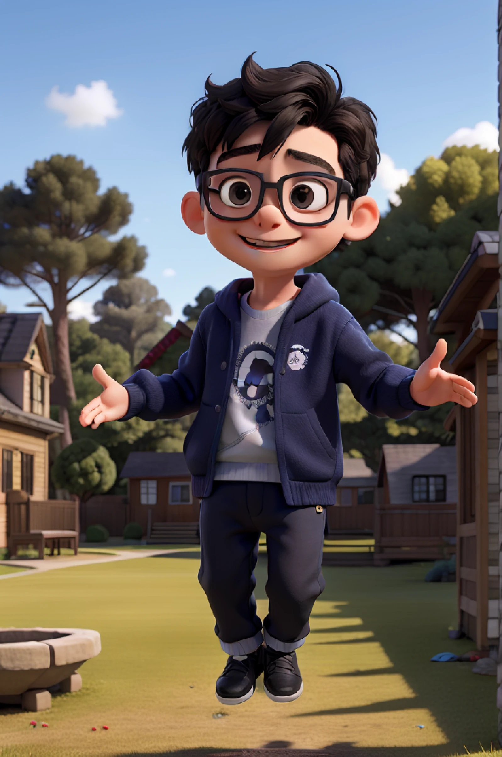 tmasterpiece，The best quality，A little boy with black glasses，Wearing a blue sweatshirt，Jumping happily on the grass