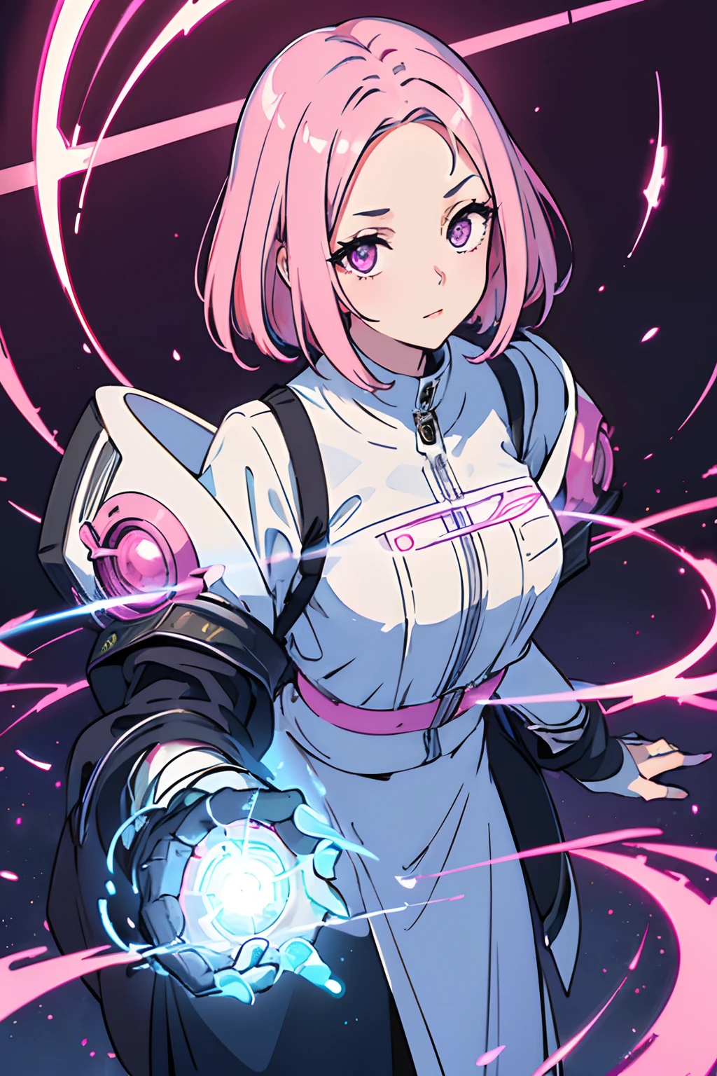 (Master parts, Best quality, hyper-detailing, Best shade), (white backgrounid), (beautiful face detail), hight contrast, (best illuminate, Extremely Delicately Beautiful), (Cinematic light)), vivd colour, Hippel de Tal Hamento, intricately details, Standing painting (1 girl, soio, forehead, A pink-haired, Sharp face, Short hair, Long fluorescent coating (brokenglass), Workwear, Redness of the eyes, hair between eye), The light swirls around the character, Purple light particles, Magical Circle, cyber punk style