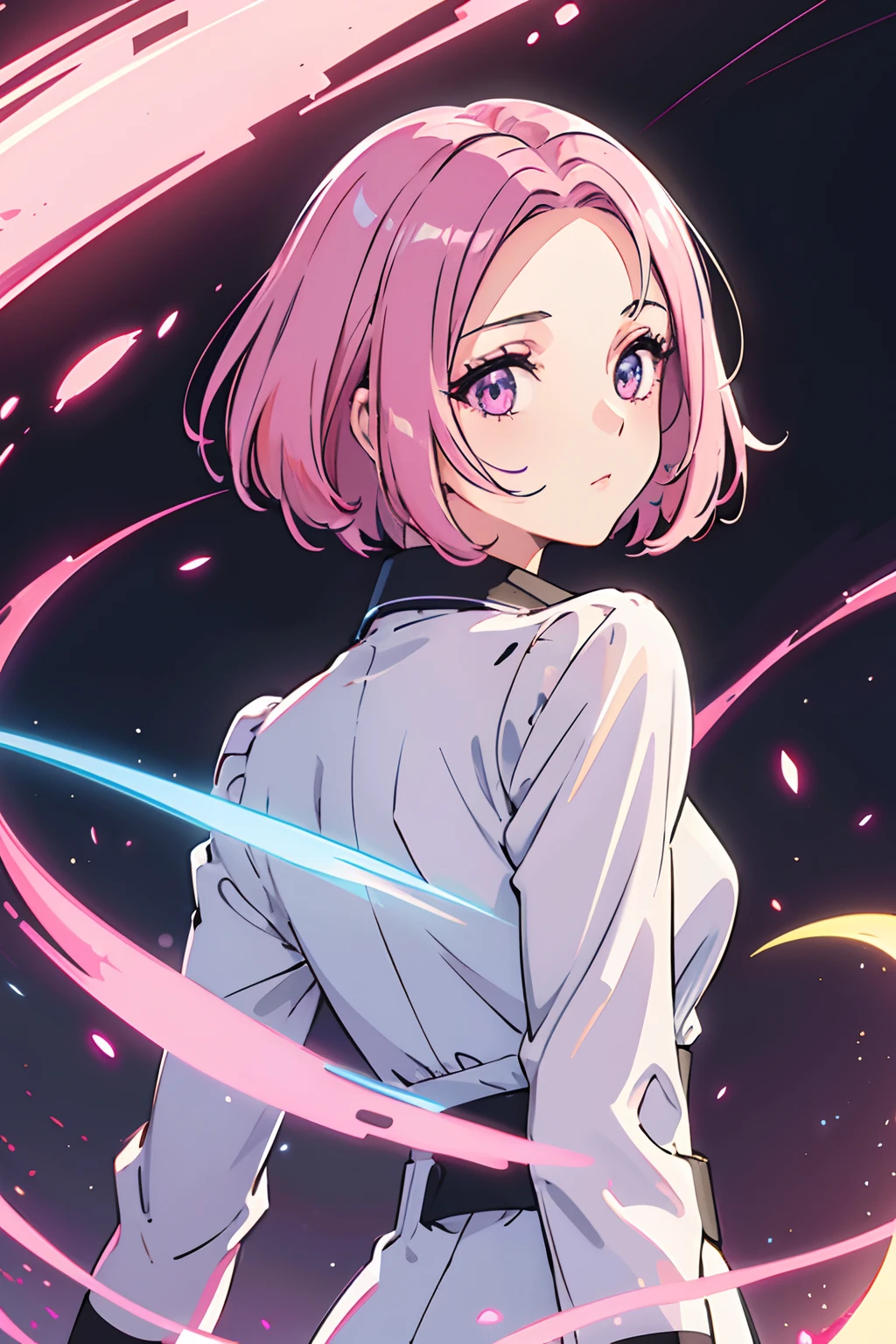 (Master parts, Best quality, hyper-detailing, Best shade), (white backgrounid), (beautiful face detail), hight contrast, (best illuminate, Extremely Delicately Beautiful), (Cinematic light)), vivd colour, Hippel de Tal Hamento, intricately details, Standing painting (1 girl, soio, forehead, A pink-haired, Sharp face, Short hair, Long fluorescent coating (brokenglass), Workwear, Redness of the eyes, hair between eye), The light swirls around the character, Purple light particles, Magical Circle, cyber punk style