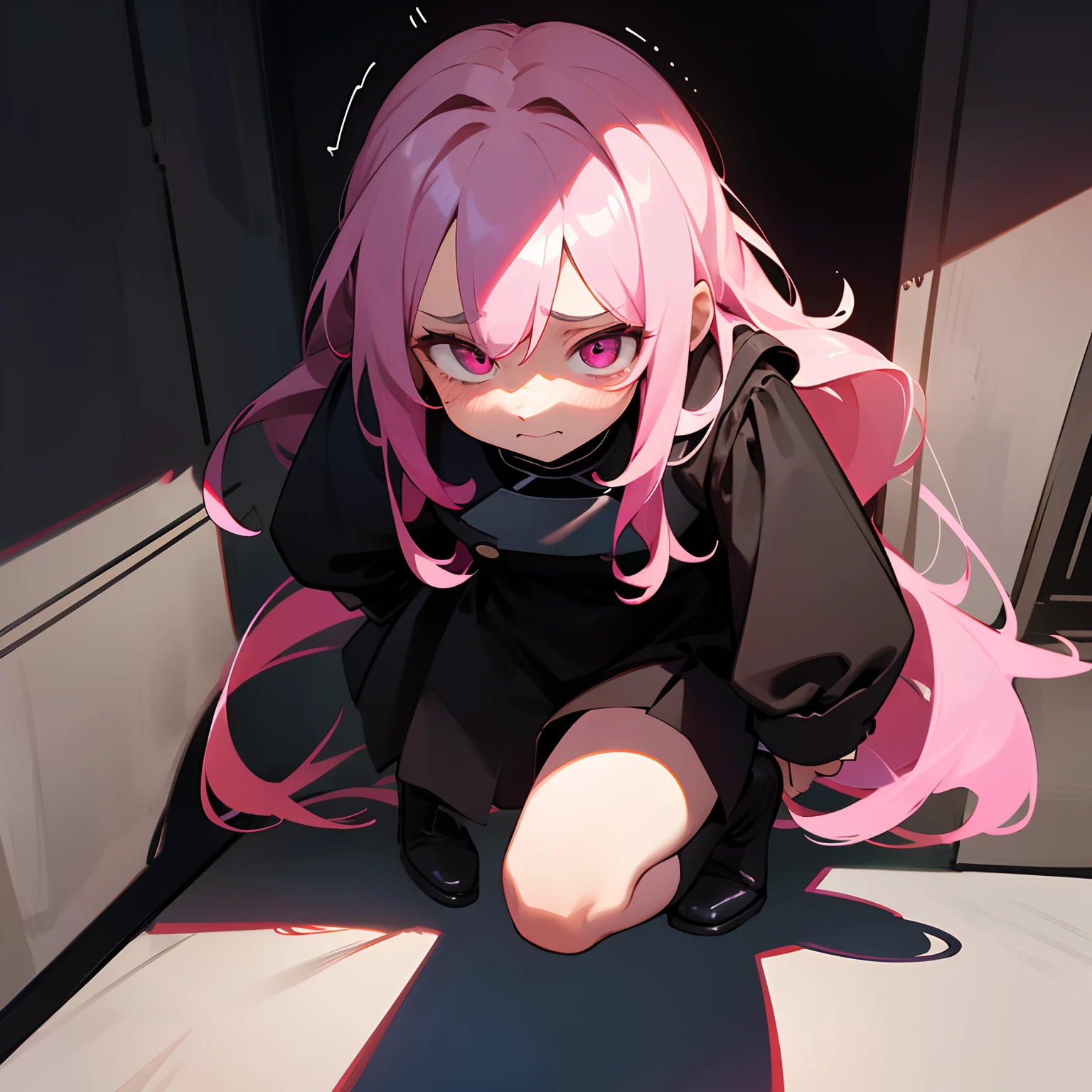 Perfect Detail,8K image quality,1 little girl,House Closet,Hide in the crevices(Dark space),Hide,Pink long hair, Jubilant face,perfect hand,better shadows, Better light, Improved facial detail, Red Eyes, Black and white uniform, Leather boots,natta,emotive(confusion)