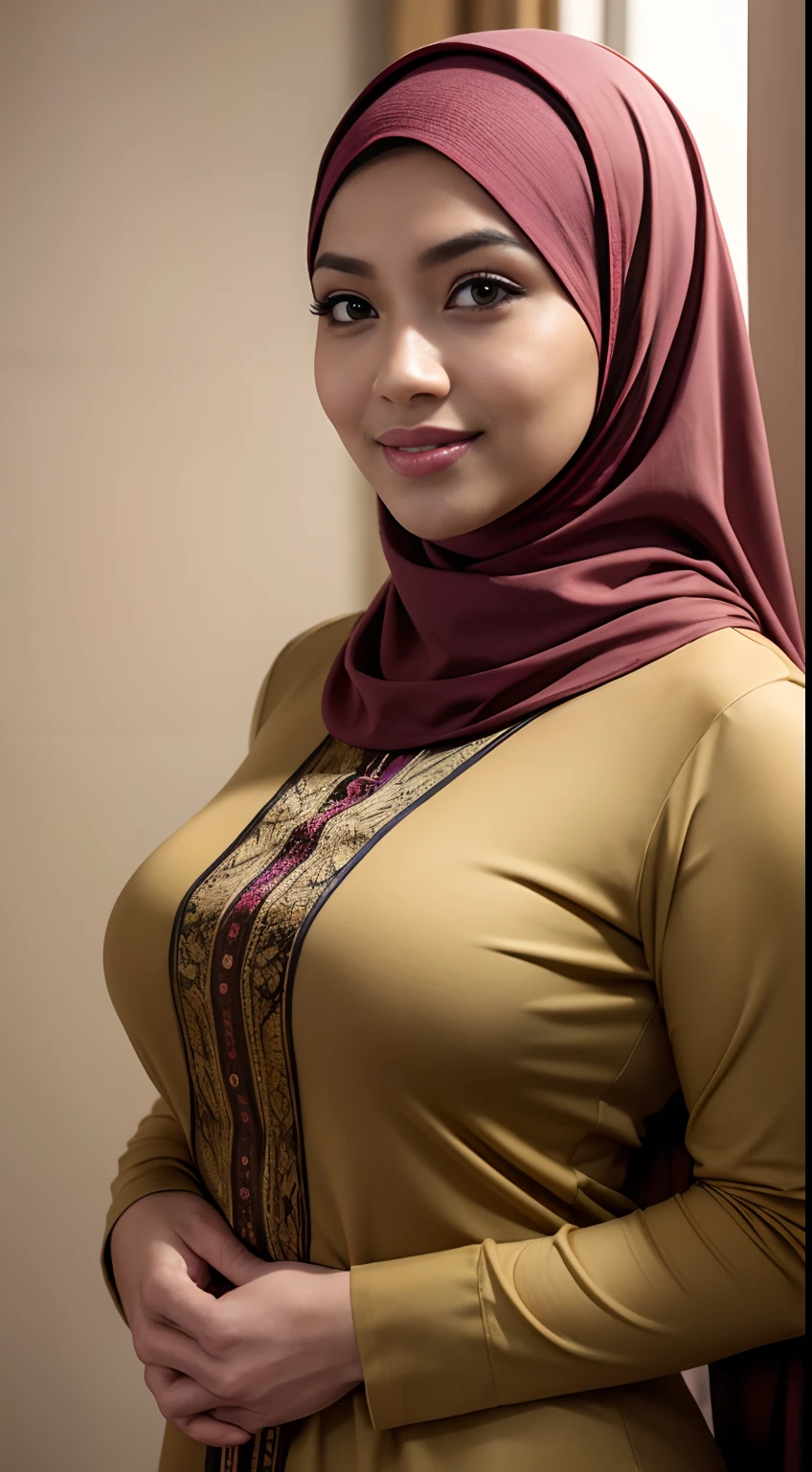 RAW, Best quality, high resolution, masterpiece: 1.3), beautiful Malay woman in hijab (iu:0.8),RAW, Best quality, high resolution, masterpiece: 1.3),detaile facebig gorgeous eyes, Soft smile, big breast, RAW, Best quality, high resolution, masterpiece: 1.3, beautiful Malay woman in hijab, big gorgeous eyes, smiling, wearing a fully closed blouse up to the neck, sopan, in the dressing room, full body photo, Great lighting, Bright colors,