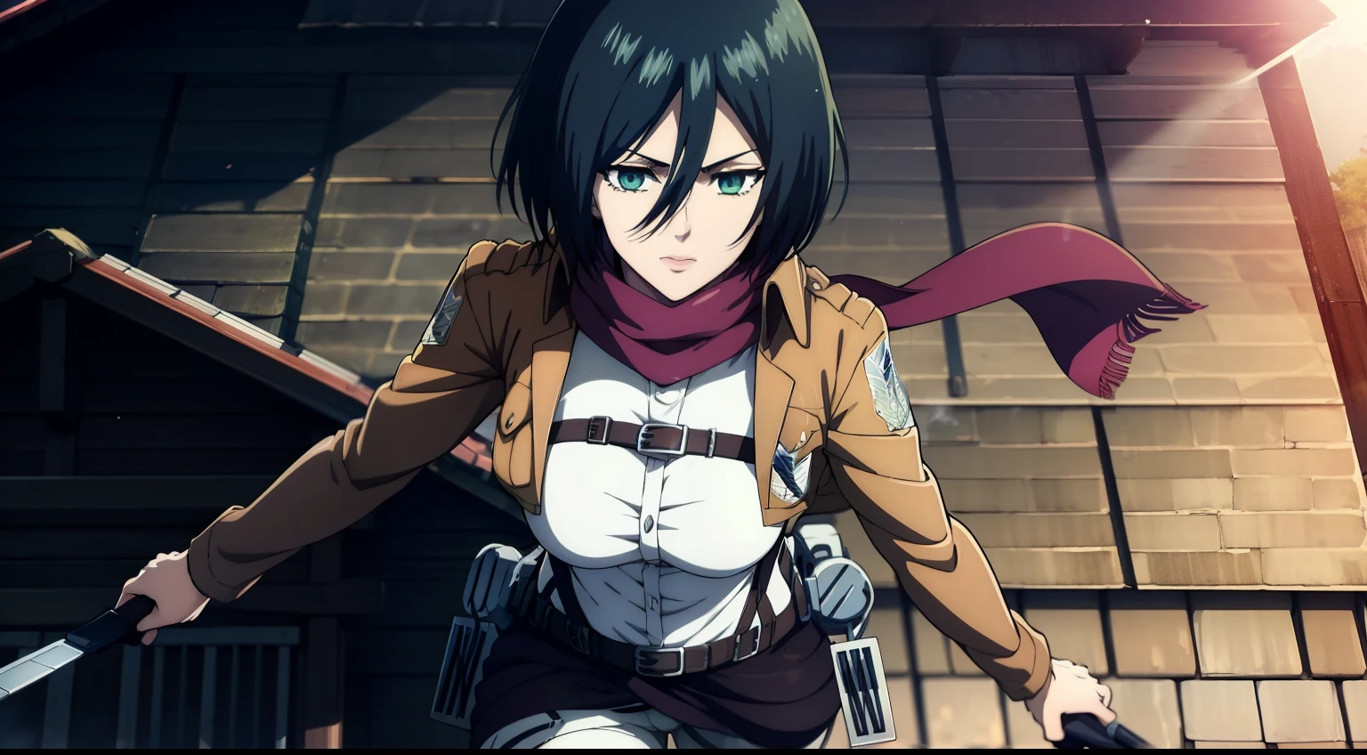 Sexy, combat stance, Super Epic Composition, aot style, Shingeki no Kyojin, mikasa ackerman, 1girl, in full height (Body Full 1.1), Hand strap, quiff, black  hair, Black pants, 가슴, green colored eyes, Hair between the eyes, turnstile, long sleeves, looks at the viewer, Average Breasts,, breeches, red scarf, a scarf, Shirt, Short Hair Hair, Roof of the city, roof, Sun, In the air, Holds blades in his hands, jump, Smoke, 独奏, hip belt, white  shirt, Scientific Research Building \(Emblem\), ((tmasterpiece)), beste-Qualit, Sex, hooligan, waist, legsupms, buttocks, 가슴, (Body Full 1.1), Camera from above, Frame from above, the night, Lights, looks at the viewer, ssmile, grin, criminal, laughting, Cool anime 8K, Clean and detailed anime art, 4K Manga Wallpapers, Подробный портрет Anime Girl, Anime 4K Style, Anime Art Wallpapers 4K, Anime Art Wallpaper 4K Masterpiece, Gorgeous, Best Quality,