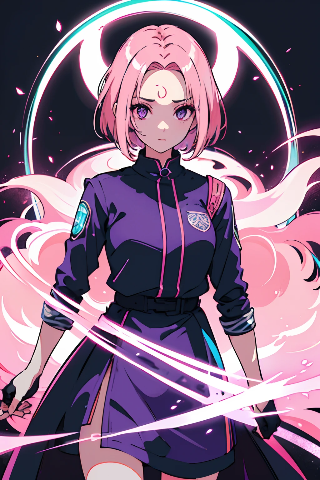 (Master parts, Best quality, hyper-detailing, Best shade), (white backgrounid), (beautiful face detail), hight contrast, (best illuminate, Extremely Delicately Beautiful), (Cinematic light)), vivd colour, Hippel de Tal Hamento, intricately details, Standing painting (1 girl, soio, forehead, A pink-haired, Sharp face, Short hair, Long fluorescent coating (brokenglass), Workwear, Redness of the eyes, hair between eye), The light swirls around the character, Purple light particles, Magical Circle, cyber punk style