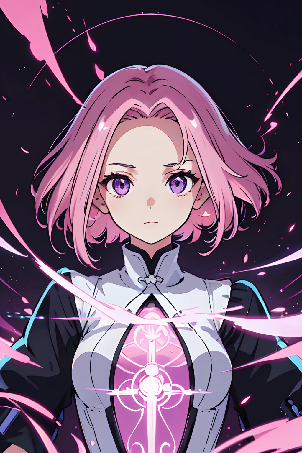 (Master parts, Best quality, hyper-detailing, Best shade), (white backgrounid), (beautiful face detail), hight contrast, (best illuminate, Extremely Delicately Beautiful), (Cinematic light)), vivd colour, Hippel de Tal Hamento, intricately details, Standing painting (1 girl, soio, forehead, A pink-haired, Sharp face, Short hair, Long fluorescent coating (brokenglass), Workwear, Redness of the eyes, hair between eye), The light swirls around the character, Purple light particles, Magical Circle, cyber punk style