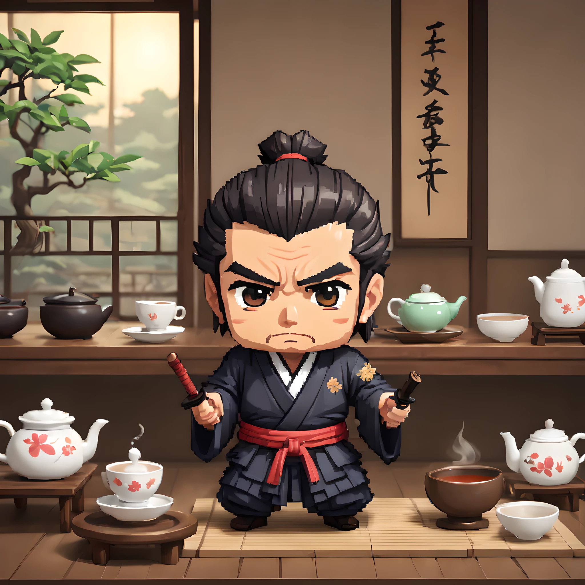 (Pixel art:1.5), (pixel theme:1.5), (chibi emote:1.5), (chibi character:1.5),(fantasy:1.5), (1japanse samurai:1.5), (Toshiro Mifune:1.5), (tea:1.5), (tea ceremony:1.5), (tearoom:1.5),