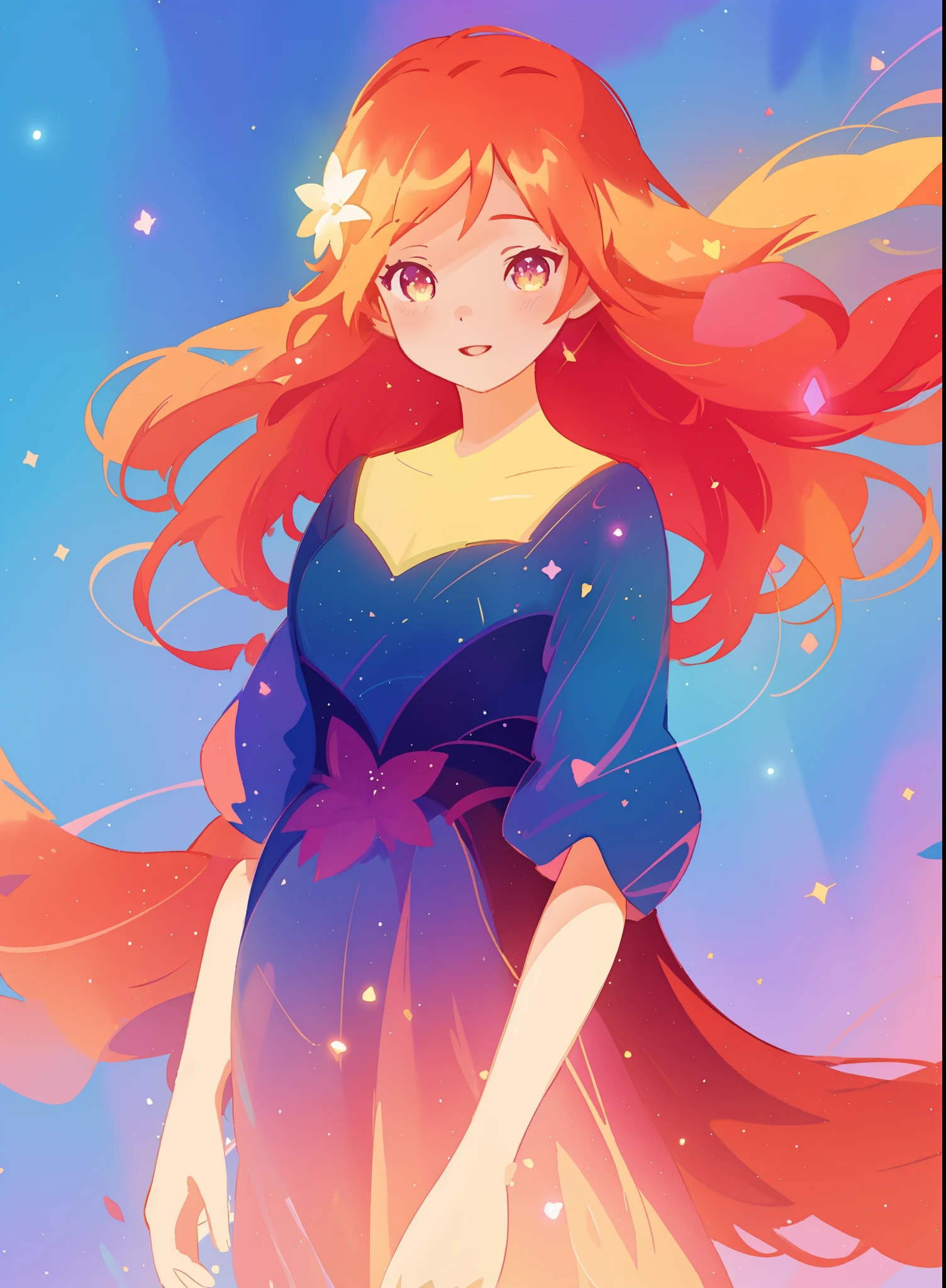 beautiful girl in gradient princess dress, long sparkling gold and red hair, colorful fantasia background, watercolor illustration, disney art style, glowing aura around her, glowing lights, beautiful digital illustration, fantasia otherworldly landscape plants flowers, beautiful, masterpiece, best quality, anime disney style