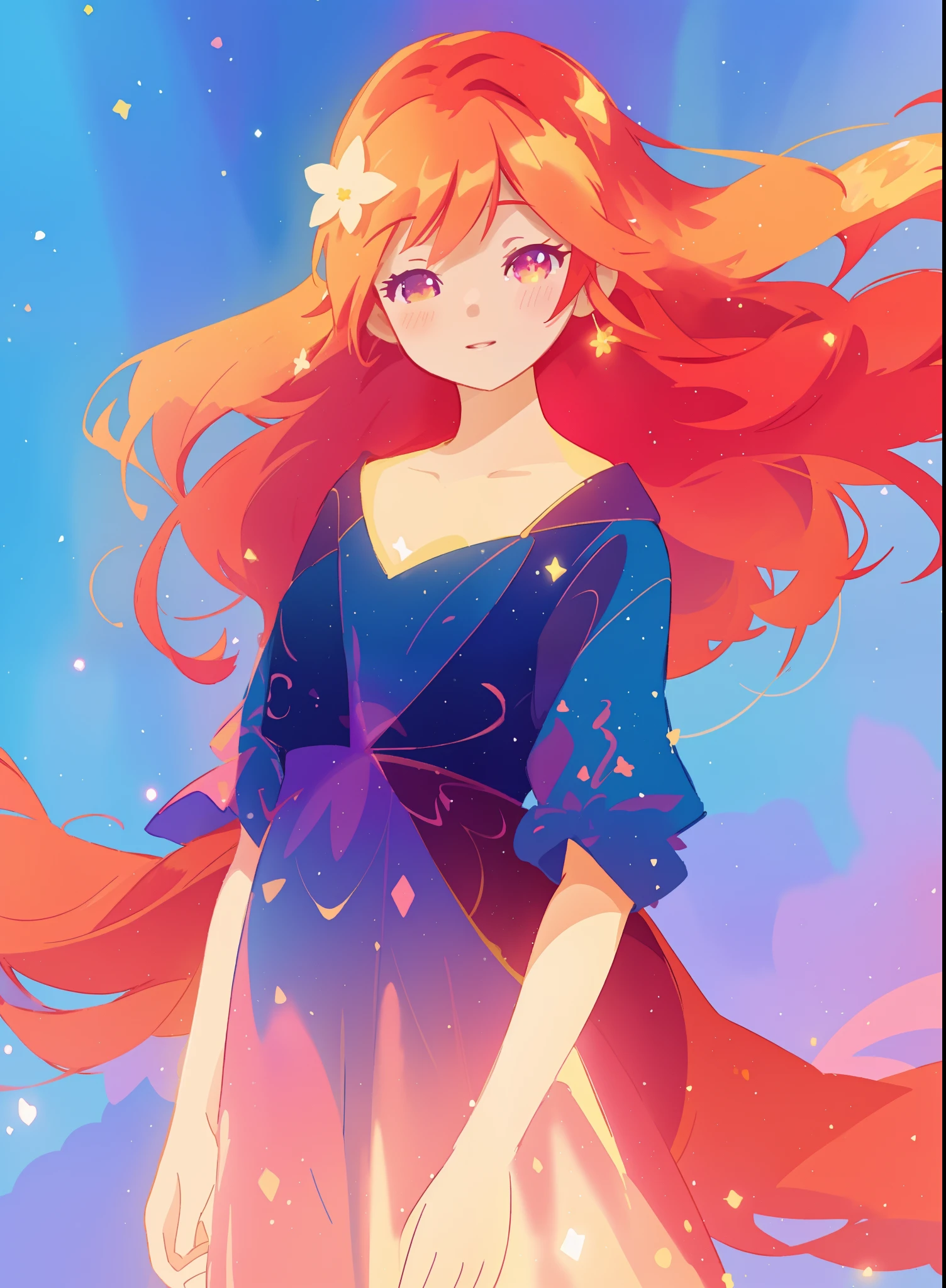 beautiful girl in gradient princess dress, long sparkling gold and red hair, colorful fantasia background, watercolor illustration, disney art style, glowing aura around her, glowing lights, beautiful digital illustration, fantasia otherworldly landscape plants flowers, beautiful, masterpiece, best quality, anime disney style