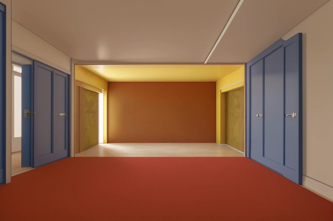 blue room，Red floor，carpets，k hd，8K,Real-world scenarios，There are windows on the sides