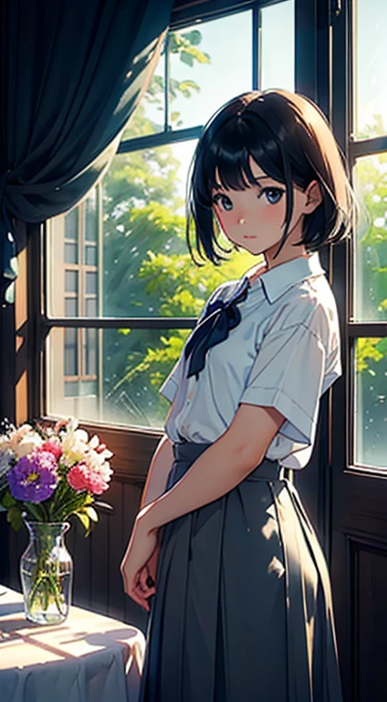 (Watercolor in Sargent style)、(top-quality、masterpiece)、(David Hamilton Style)、(softfocus)、Cinema Angle、ciinematic light、Soft light、(public school)、1girl in、sixteen years old、A stunning、Short black hair、Crisp face、small tits、tiny chest、校服、(long skirt)、atlibrary、window、Side table、Flowers on the windowsill、