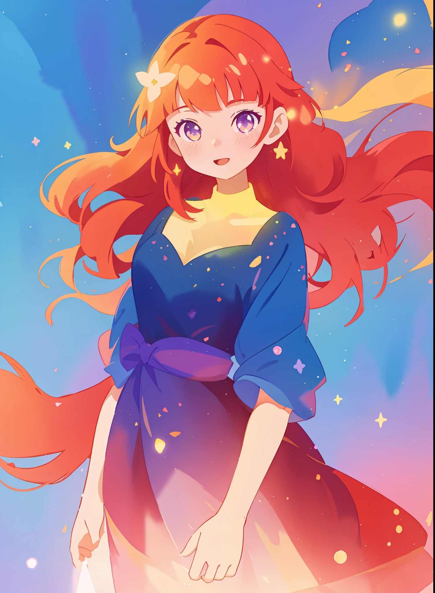 beautiful girl in gradient princess dress, long sparkling gold and red hair, colorful fantasia background, watercolor illustration, disney art style, glowing aura around her, glowing lights, beautiful digital illustration, fantasia otherworldly landscape plants flowers, beautiful, masterpiece, best quality, anime disney style