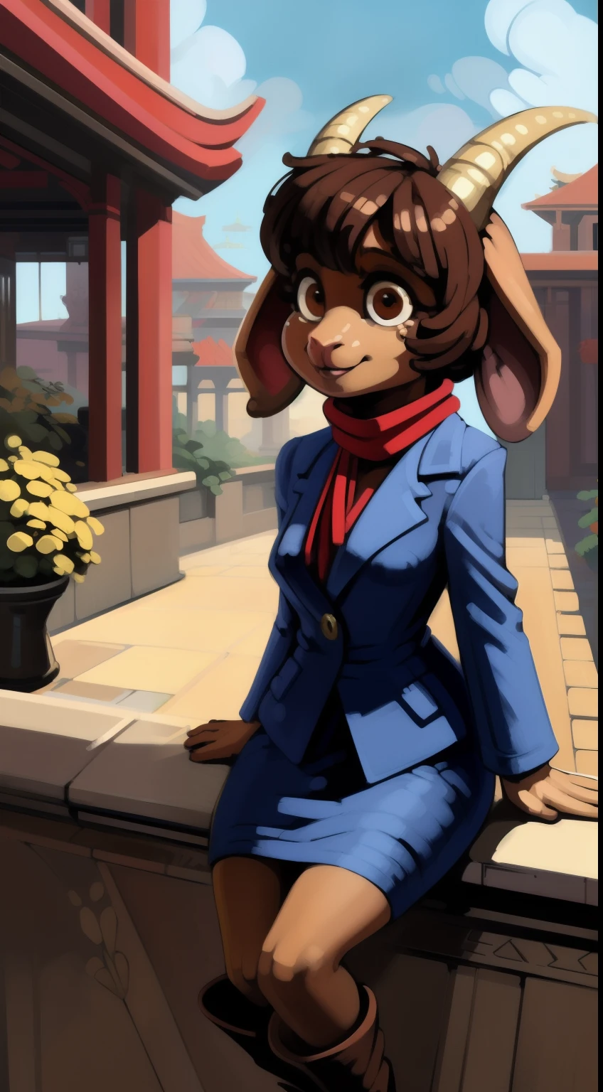 goat(furry),female,masterpiece, best quality, beautiful details, watching the landscape from a terrace, garden, oriental city, port, brown skin, brown hair, short hair, short messy hair, long ears, floppy ears,medium breasts , thick legs, wide hips, brown boots, white leggings, blue classical jacket, white gloves, white shirt, red scarf on the neck,bittenhard art style,long snout,goat,goat,goat,goat eyes,face closeup,face focus,no horns,wiouth horns,female,young,neck scarf, brown skin, very short hair, small earring, classic blue coat, red gloves, horizontal pupils, line pupils,