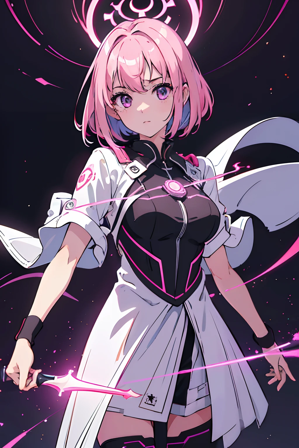 (Master parts, Best quality, hyper-detailing, Best shade), (white backgrounid), (beautiful face detail), hight contrast, (best illuminate, Extremely Delicately Beautiful), (Cinematic light)), vivd colour, Hippel de Tal Hamento, intricately details, Standing painting (1 girl, soio, forehead, A pink-haired, Sharp face, Short hair, Long fluorescent coating (brokenglass), Workwear, Redness of the eyes, hair between eye), The light swirls around the character, Purple light particles, Magical Circle, cyber punk style