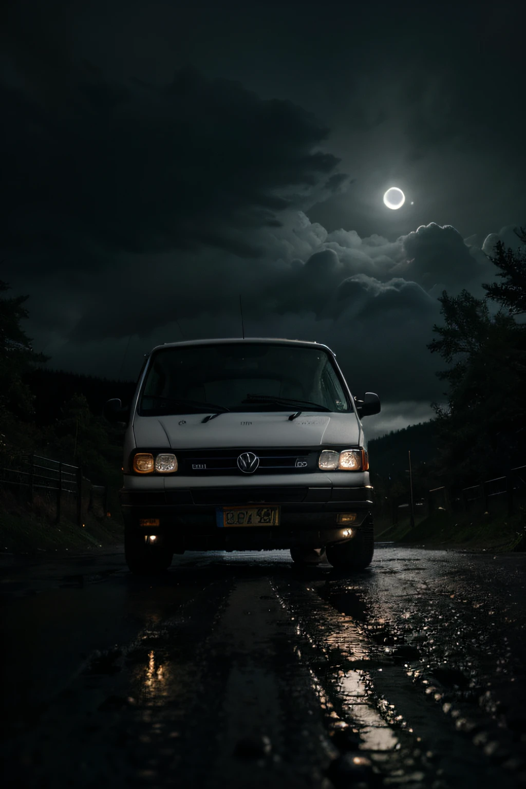 1996 volkswagen transporter, t4, eurovan, white van rocky road at night, raining, best quality, 4k, highres, ultra-detailed, realistic, rainy and snow weather effect, driving on an offroad rocky path through woods, dramatic lighting, reflections on the wet ground, misty atmosphere, gloomy mood, vibrant colors, headlights illuminating the road, dark clouds in the sky, moonlight shining through the clouds, creepy and mysterious ambiance, cinematic style, long exposure shot, blurred car lights, tranquil yet eerie atmosphere, suspenseful scene.