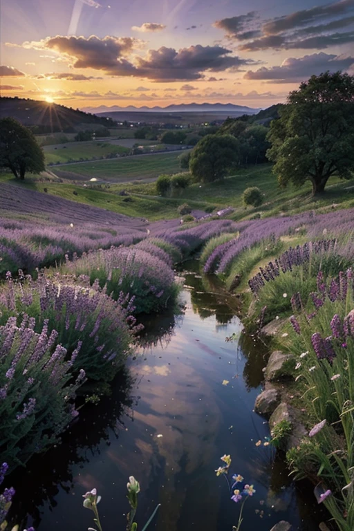 Beneath a lavender sky that softly weaves,
A tranquil meadow where wildflowers breathe.
A gentle stream, its laughter fills the air,
Reflecting clouds, a world beyond compare.
In the hush of twilight, dreams come alive,
A scene of wonder, where spirits thrive.
