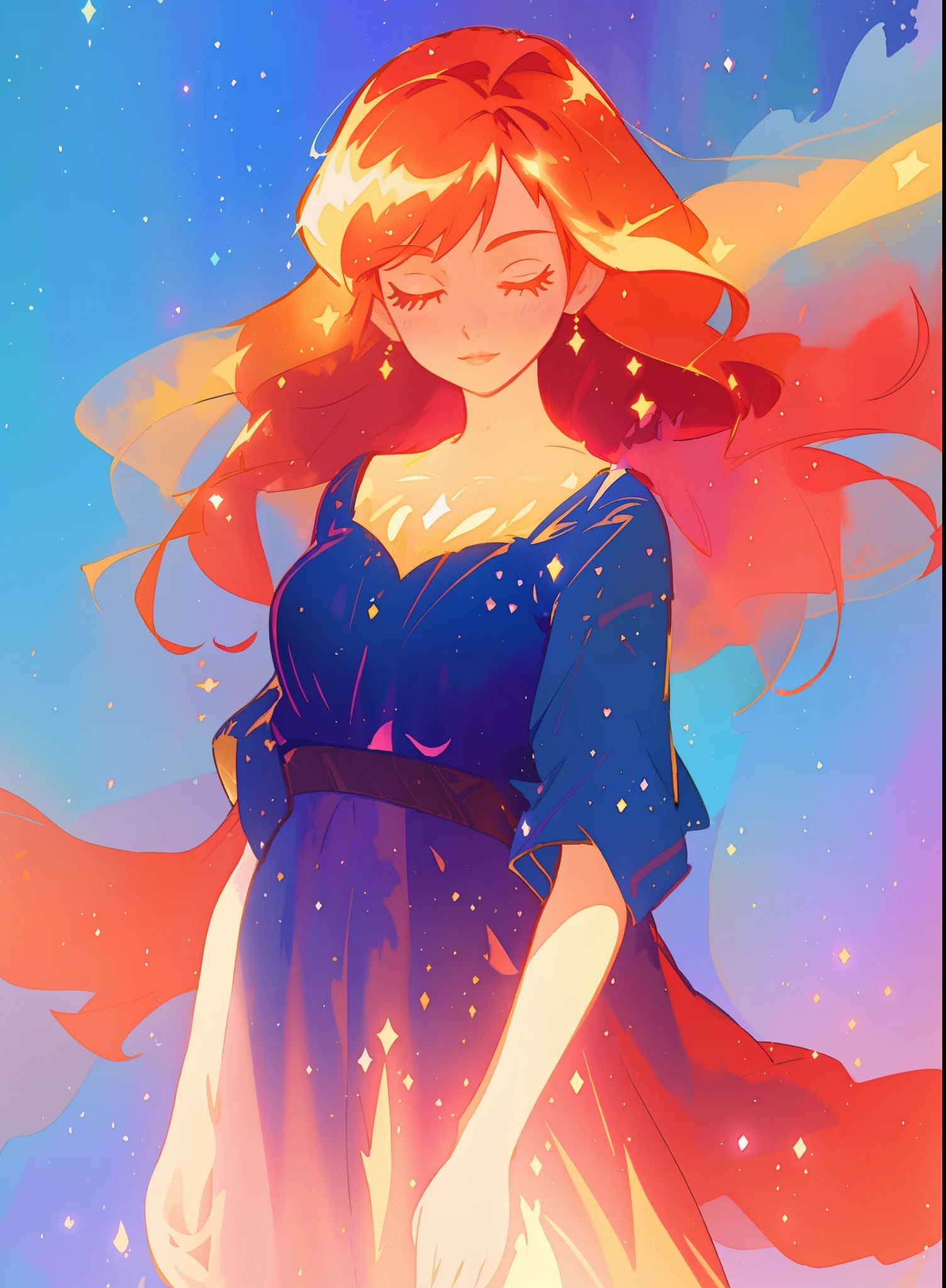 beautiful girl in gradient medieval style dress, long sparkling gold and red hair, colorful fantasia background, watercolor illustration, disney art style, glowing aura around her, glowing lights, beautiful digital illustration, fantasia otherworldly landscape plants flowers, beautiful, masterpiece, best quality, anime disney style