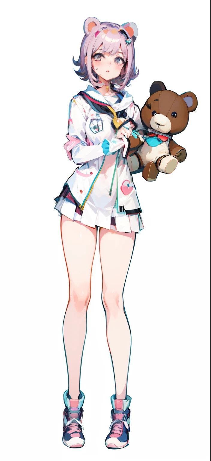 A cartoon girl in a short skirt holding a teddy bear, full body portrait of a short!, chiaki nanami from danganronpa, full body with costume, clothing design, clear outfit design, anime full body illustration, in a space cadet outfit, !!Full body portrait!!, digital art from danganronpa, full body adoptable, Full body illustration