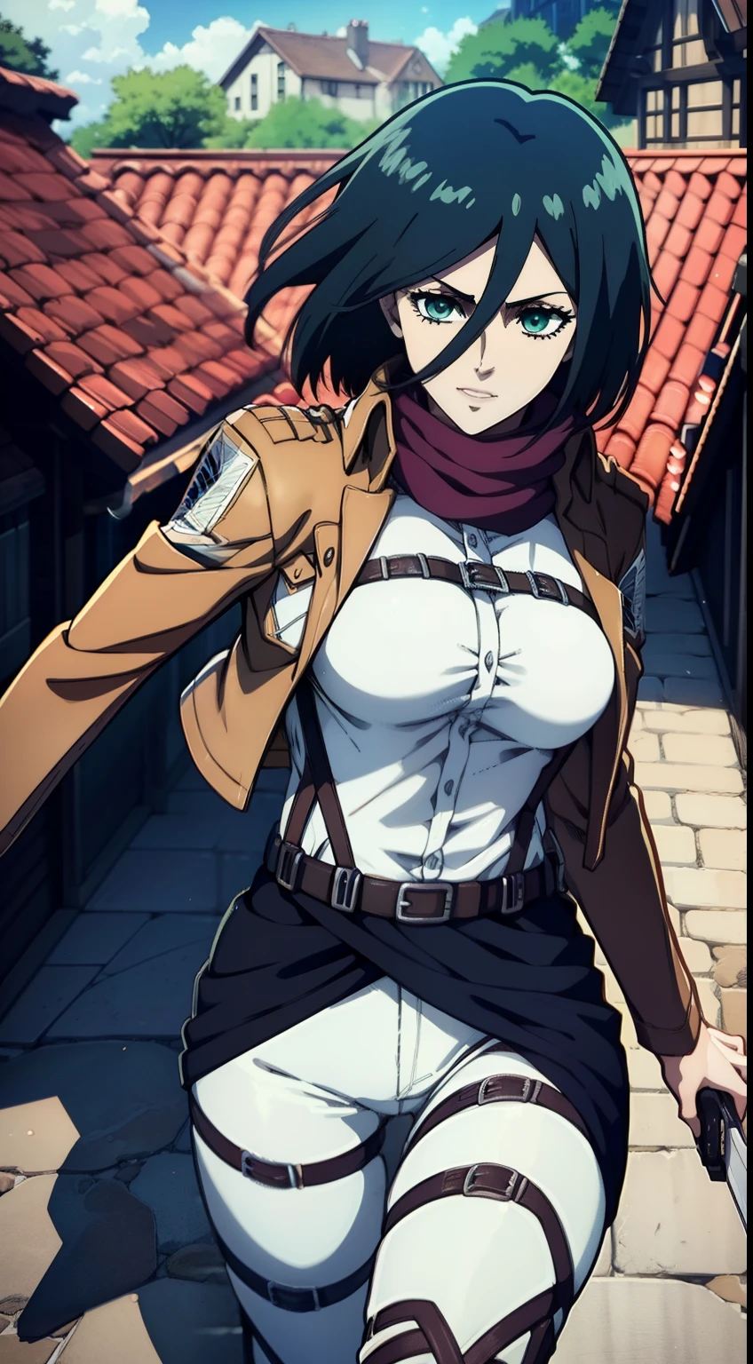 Frame from below, Photo below, view from bottom, Sexy, combat stance, Super Epic Composition, aot style, Shingeki no Kyojin, mikasa ackerman, 1girl, in full height (Body Full 1.1), Hand strap, quiff, black  hair, Black pants, 가슴, green colored eyes, Hair between the eyes, turnstile, long sleeves, looks at the viewer, Average Breasts,, breeches, red scarf, a scarf, Shirt, Short Hair Hair, Roof of the city, roof, Sun, In the air, Holds blades in his hands, jump, Smoke, 独奏, hip belt, white  shirt, Scientific Research Building \(Emblem\), ((tmasterpiece)), beste-Qualit, Sex, hooligan, waist, legsupms, buttocks, 가슴, (Body Full 1.1), Camera from above, Frame from above, the night, Lights, looks at the viewer, ssmile, grin, criminal, laughting, Cool anime 8K, Clean and detailed anime art, 4K Manga Wallpapers, Подробный портрет Anime Girl, Anime 4K Style, Anime Art Wallpapers 4K, Anime Art Wallpaper 4K Masterpiece, Gorgeous, Best Quality,