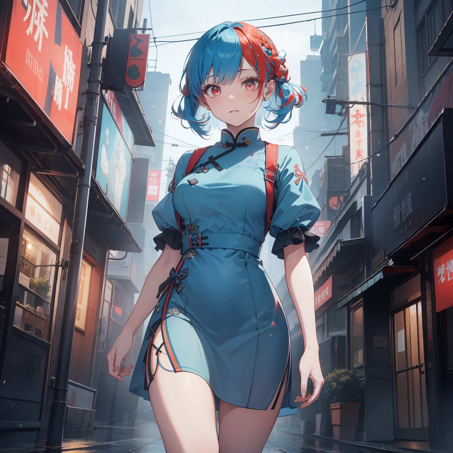 (masutepiece,Best Quality,8K),(extremely detailed CG1.1),1 girl,deadpan,large boob,City in the rain. Capture the enchanting beauty of a metropolis drenched in raindrops, reflecting its shimmering lights.,(From below:1.2),Summer light,Intricate details , Hyper realistic, Perfect Anatomy,Red Eyes,Bun,((((((lightblue hair)))))),Bangs,hair slicked back,Full body,qipao dress,short-hair,Powerful Pose
