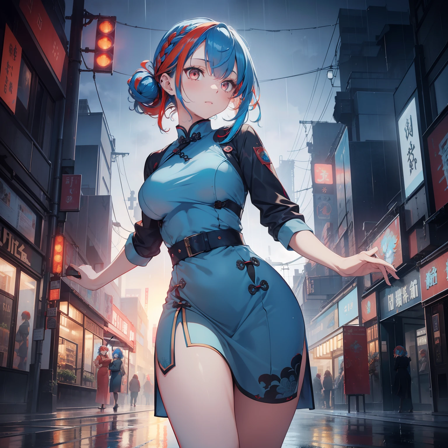 (best quality), (masterpiece, realistic), high res, all detailed, perfect anatomy, (Chun-Li), brown hair, double bun, bun cover, Blue qipao, puffy sleeves, sash, spiked bracelet, pantyhose, white boots, medium cleavage, (injury skin, scar skin, bleeding skin, Bruise, torn clothes:1.2), cloth pieces, BREAK NSFW, solo, 1girl, kneeling, (from behind, looking back:1.2), (crying, tears:1.2), sigh, blush, sweat, saliva trail, (outdoors, street, stone flooring), cinematic lighting, diffraction spikes, zettai ryouiki, 