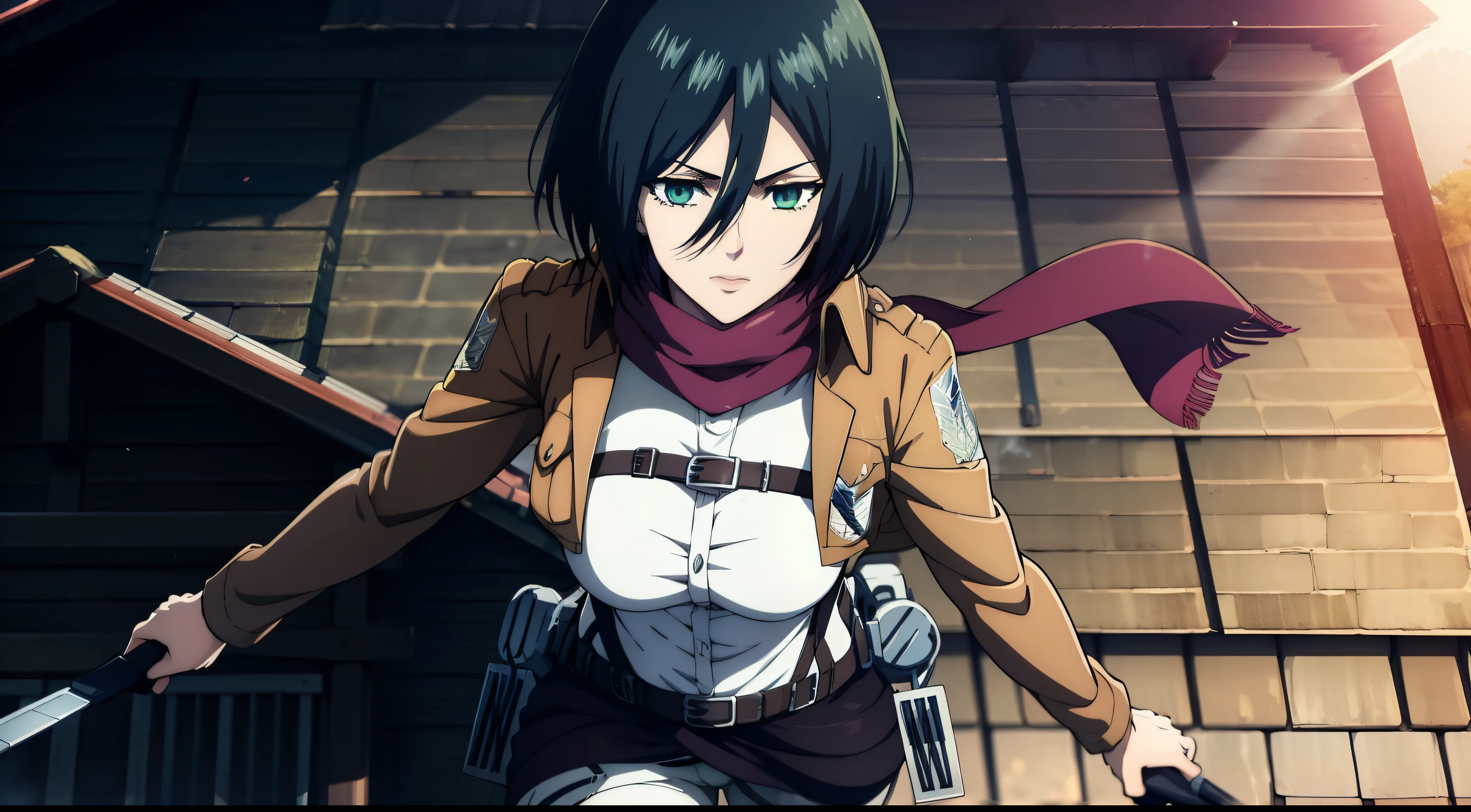 Sexy, combat stance, Super Epic Composition, aot style, Shingeki no Kyojin, mikasa ackerman, 1girl, in full height (Body Full 1.1), Hand strap, quiff, black hair, Black pants, 가슴, green colored eyes, Hair between the eyes, turnstile, long sleeves, looks at the viewer, Average Breasts,, breeches, red scarf, a scarf, Shirt, Short Hair Hair, Roof of the city, roof, Sun, In the air, Holds blades in his hands, jump, Smoke, 独奏, hip belt, white shirt, Scientific Research Building \(Emblem\), ((tmasterpiece)), beste-Qualit, Sex, hooligan, waist, legsupms, buttocks, 가슴, (Body Full 1.1), Camera from above, Frame from above, the night, Lights, looks at the viewer, ssmile, grin, criminal, laughting, Cool anime 8K, Clean and detailed anime art, 4K Manga Wallpapers, Подробный портрет Anime Girl, Anime 4K Style, Anime Art Wallpapers 4K, Anime Art Wallpaper 4K Masterpiece, Gorgeous, Best Quality,
