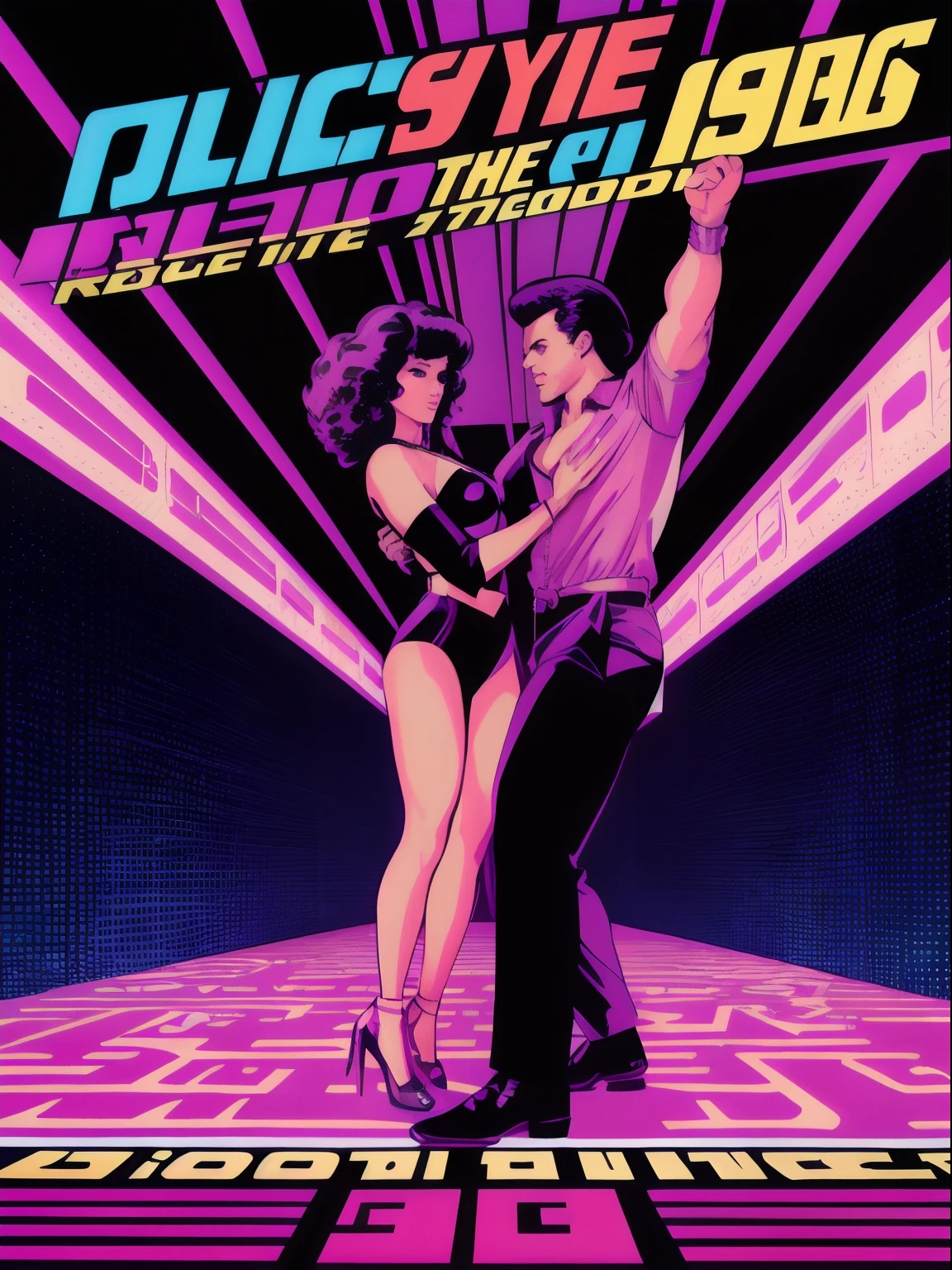 1980s \(style\) retro movie poster, dance party, huge bold text, poster art, disco theme, strong, bold inking techniques, romantic design, This bold inking style adds to the overall dramatic and visually striking aesthetic.