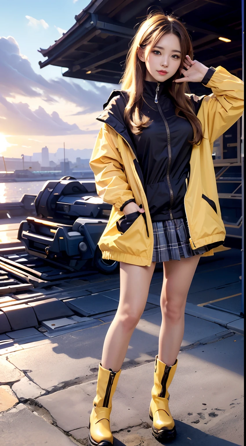 top quality,16K, masterpiece, beautiful high school girl, Light brown beautiful bob hair, Light brown beautiful eyes, Light brown medium bob hair, plump breast, standing open legs, BREAK (yellow theme:1.4), (oversized and baggy yellow outerwear:1.3), (fusion of yellow windbreaker and yellow hoodie:1.4), (yellow Nylon:1.4), ((zipper, large pocket):1.3), BREAK (black and white plaid-pattern pleated-skirt:1.2), (black platform HIGH boots:1.2), sunset seashore, orange sky, beautiful clouds,