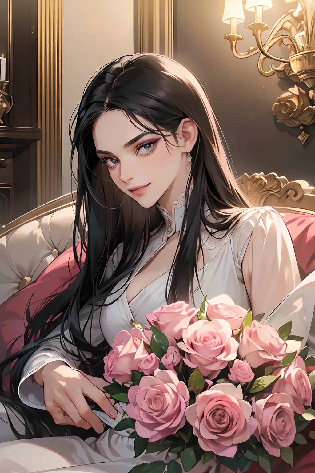 Anime girl with long black hair holding a bouquet of pink roses - SeaArt AI