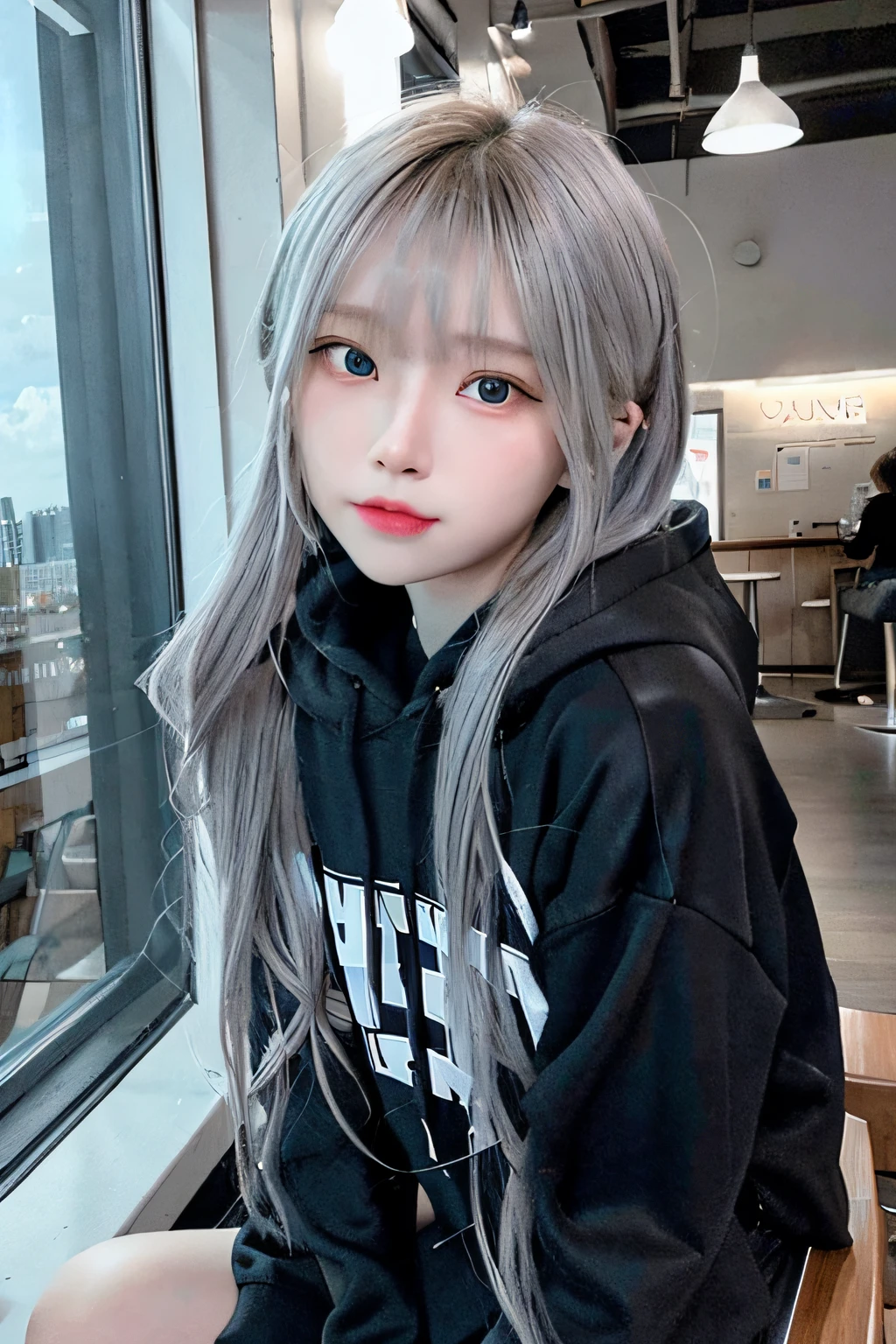 (8K、Raw photography、top-quality、masterpiece:1.2)、(realisitic、Photorealsitic:1.37)、1 girl in、16 only、cute little、adolable、(blue eyess)、(Shy smile:0.4)、(独奏)、详细的脸、oval-face、Thin almond eyes、Black hair straight、Hair over one eye、A slender、medium breasts、Grey sweat hoodie、Dramatic Angle、tilt of the head、fluorescent lamp、Inside the coffee shop、Sitting by the window、small head、(Facing the other side)、teens girl