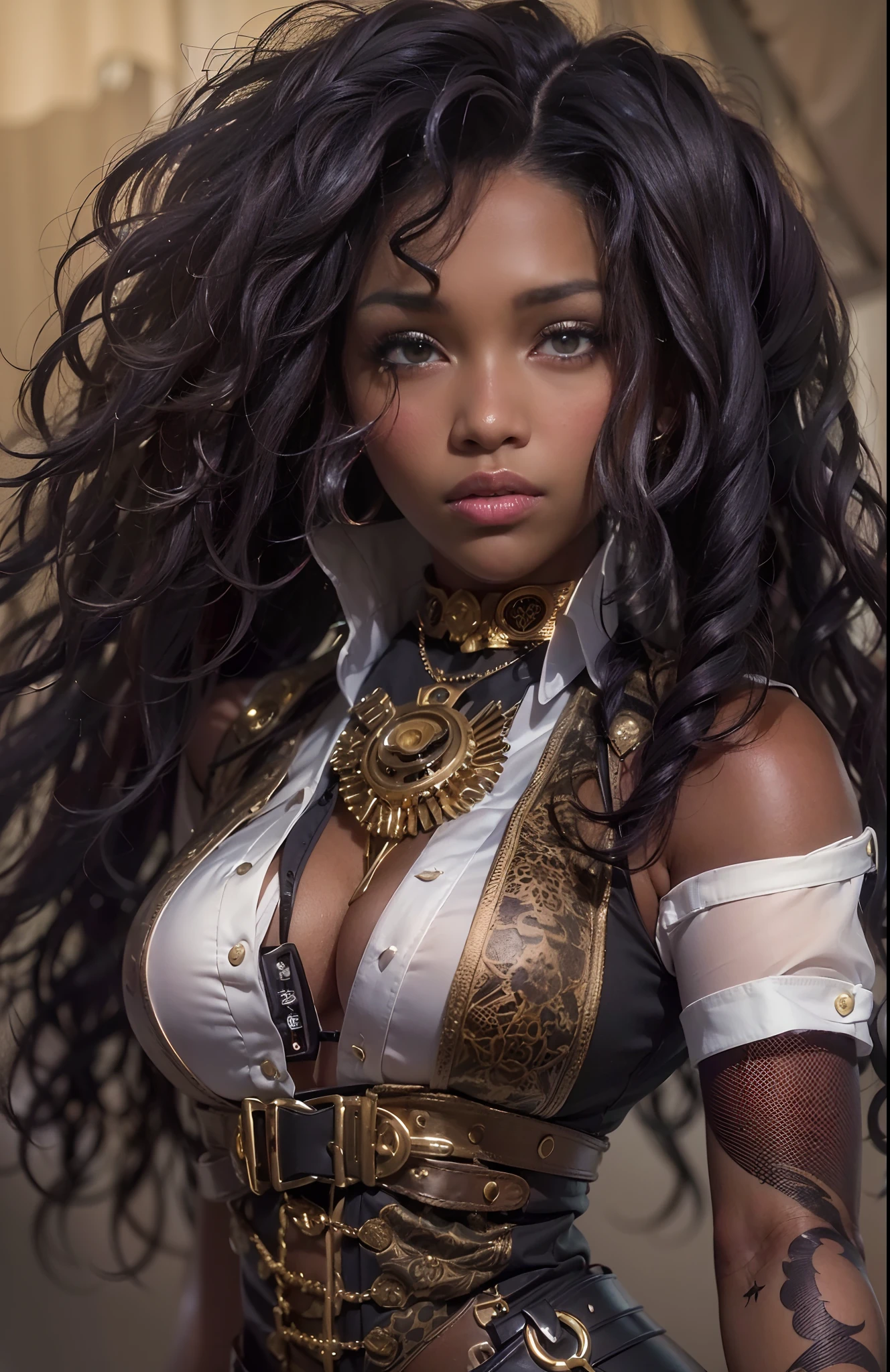 ((21-year-old))) black girl, (((light skin))),  (((close-up full body pose))),  (((long wavy black hair))), (((silk thigh highs))), (((wearing steampunk clothing, short sleeve white shirt, unbuttoned half way))), african tribal tattoo sleeve, dark fantasy art, Rich, Deep Colours, (intricate details:0.9), (HDR, hyper-detailing:1.2), (natural skin textures, hyper realisitc, soft light, Sharp),