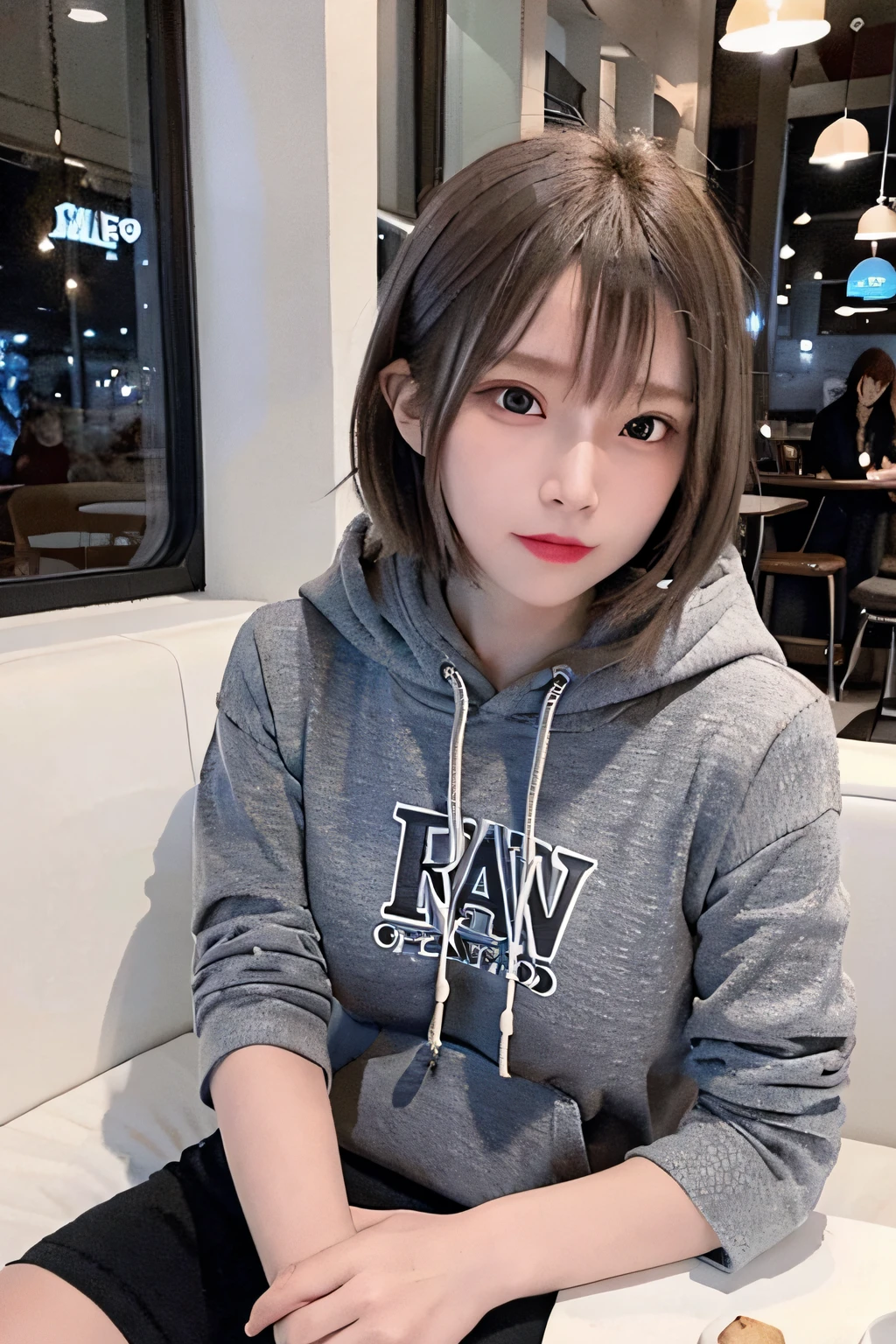 (8K、Raw photography、top-quality、masterpiece:1.2)、(realisitic、Photorealsitic:1.37)、1 girl in、 only、cute little、adolable、(blue eyess)、(Shy smile:0.4)、(独奏)、详细的脸、oval-face、Thin almond eyes、Brown hair shorthair、Hair over one eye、A slender、medium breasts、Grey sweat hoodie、Dramatic Angle、tilt of the head、fluorescent lamp、Inside the coffee shop、Sitting by the window、small head、(Facing the other side)、teens girl、piercings