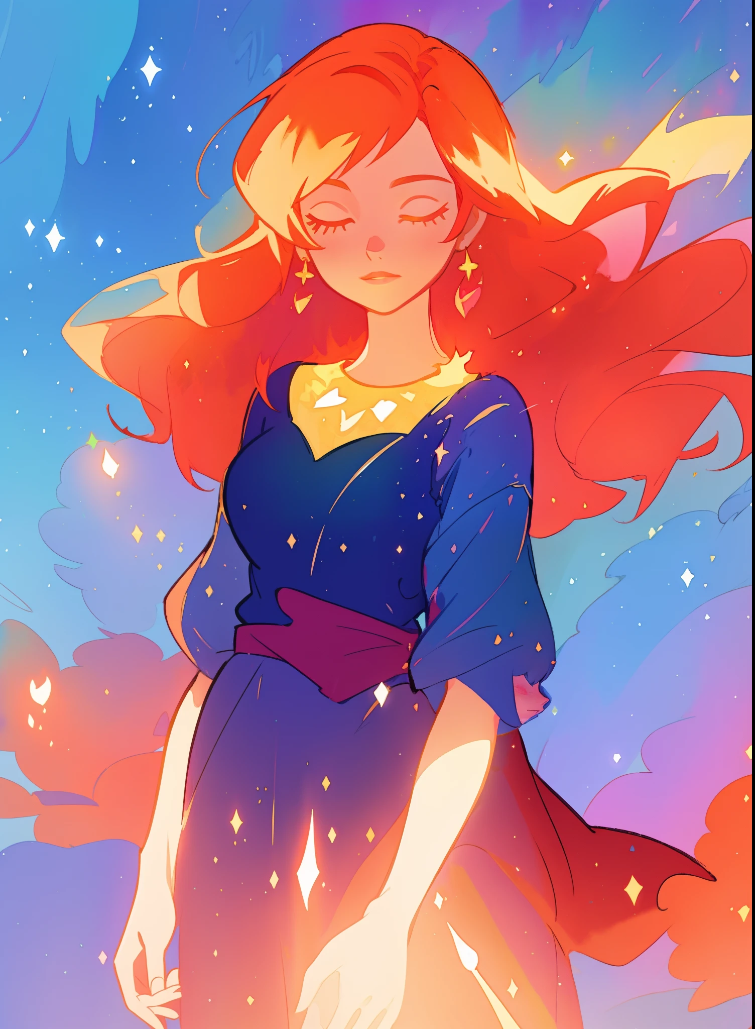 beautiful girl in gradient medieval style dress, long sparkling gold and red hair, colorful fantasia background, watercolor illustration, disney art style, glowing aura around her, glowing lights, beautiful digital illustration, fantasia otherworldly landscape plants flowers, beautiful, masterpiece, best quality, anime disney style