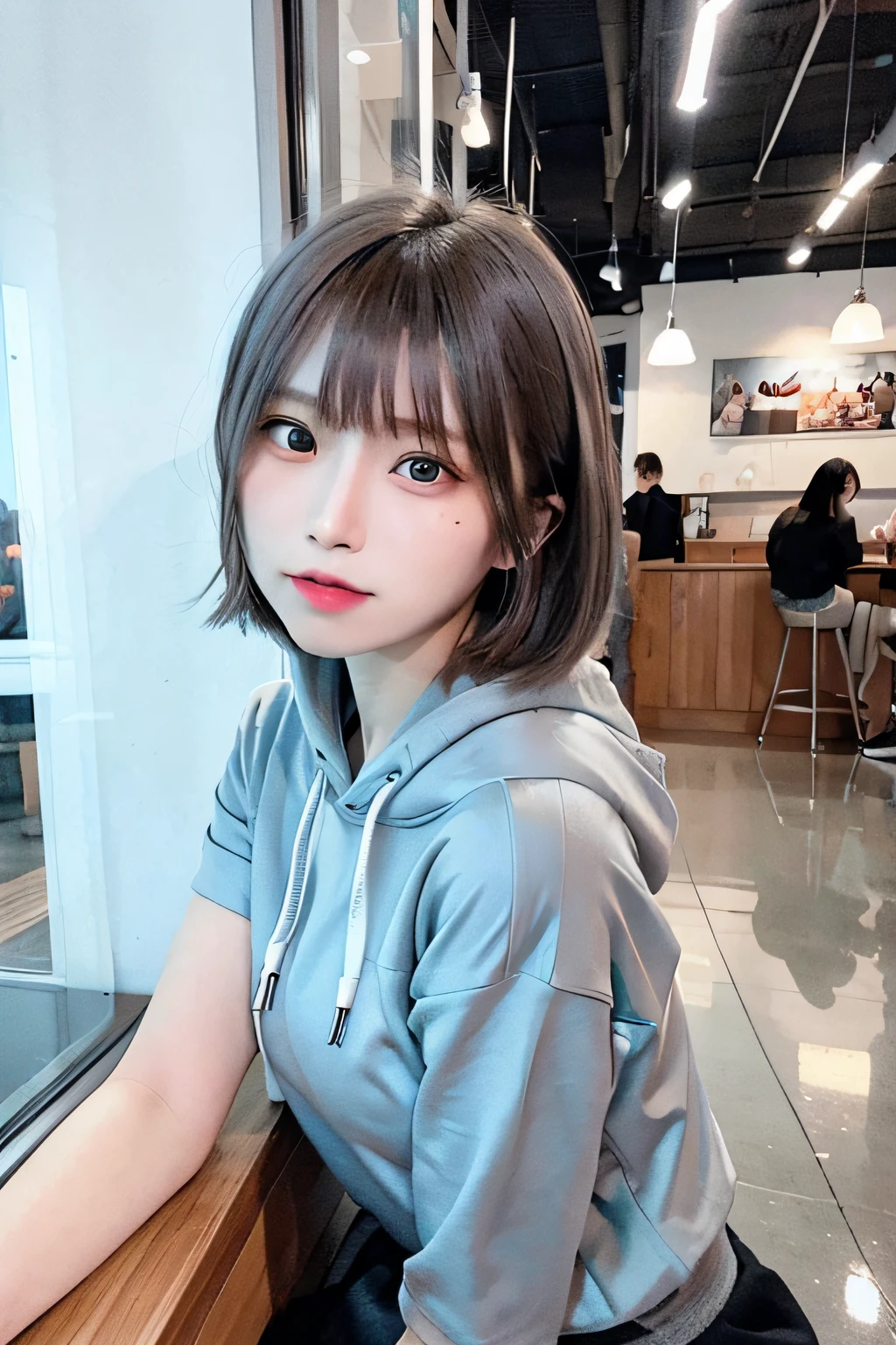 (8K、Raw photography、top-quality、masterpiece:1.2)、(realisitic、Photorealsitic:1.37)、1 girl in、16 only、cute little、adolable、(blue eyess)、(Shy smile:0.4)、(独奏)、详细的脸、oval-face、Thin almond eyes、Brown hair shorthair、Hair over one eye、A slender、medium breasts、Grey sweat hoodie、Dramatic Angle、tilt of the head、fluorescent lamp、Inside the coffee shop、Sitting by the window、small head、(Facing the other side)、teens girl、piercings