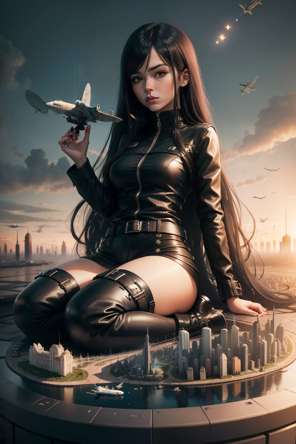 Giantess mini city barefoot, Long hair, Mature with an airplane in his hand