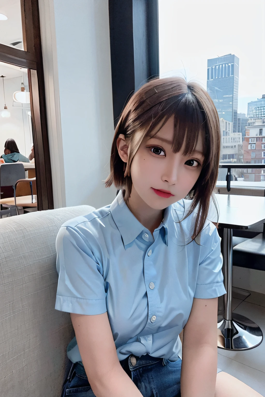 (8K、Raw photography、top-quality、​masterpiece:1.2)、(realisitic、Photorealsitic:1.37)、1 girl in、 only、cute little、adolable、(blue eyess)、(Shy smile:0.4)、(独奏)、详细的脸、oval-face、Thin almond eyes、Brown hair shorthair、Hair over one eye、A slender、medium breasts⁩、Collared shirt、Dramatic Angle、tilt of the head、fluorescent lamp、Inside the coffee shop、Sitting by the window、small head、(Facing the other side)、teens girl、piercings
