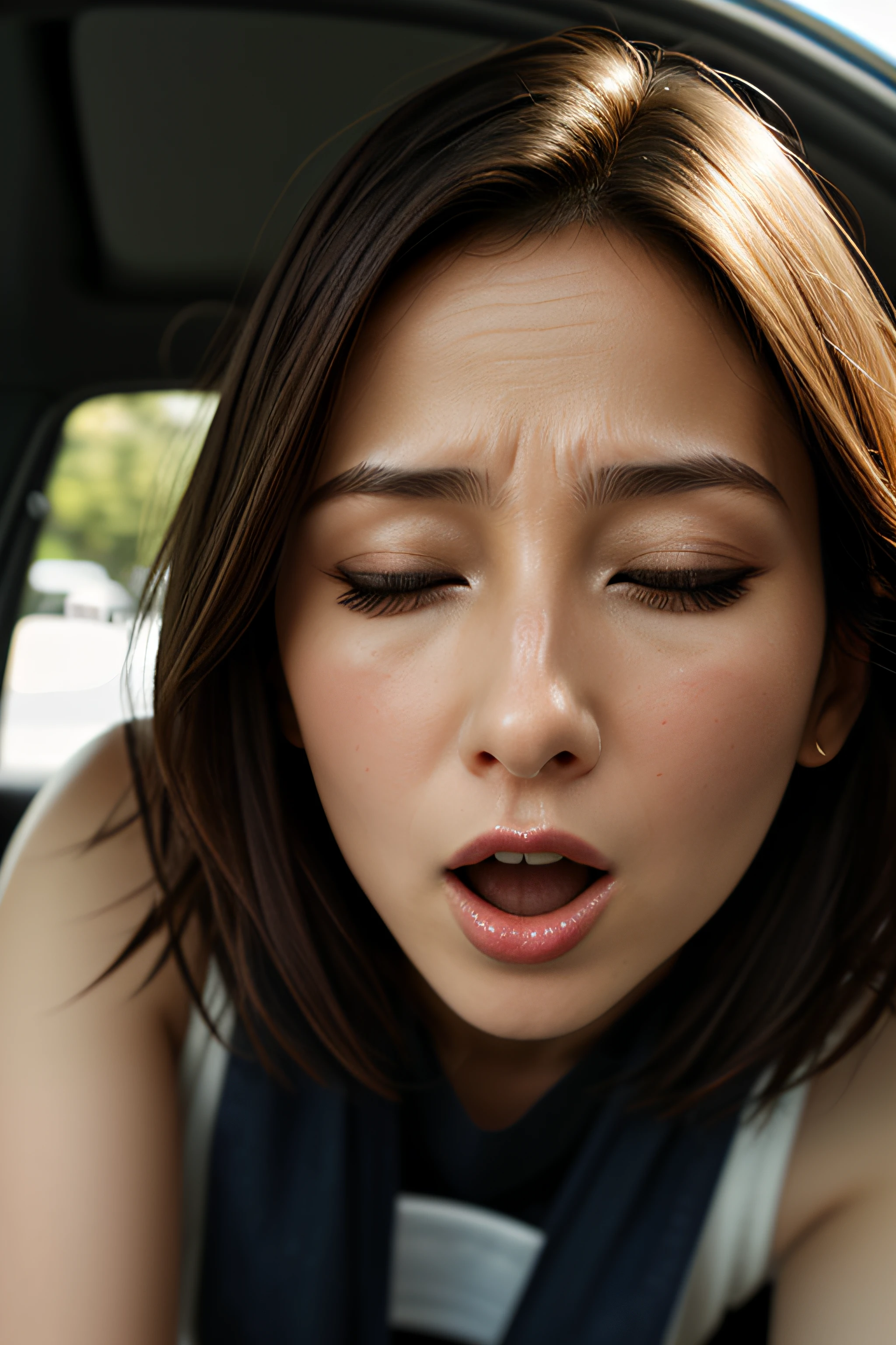 Tabletop,,Award-winning photo, Very detailed, Edge Orgasm,face Focus, Woman with open mouth and closed eyes , Edgy Woman _face、Age 35、Black-haired、 News anchor、Inside the car、