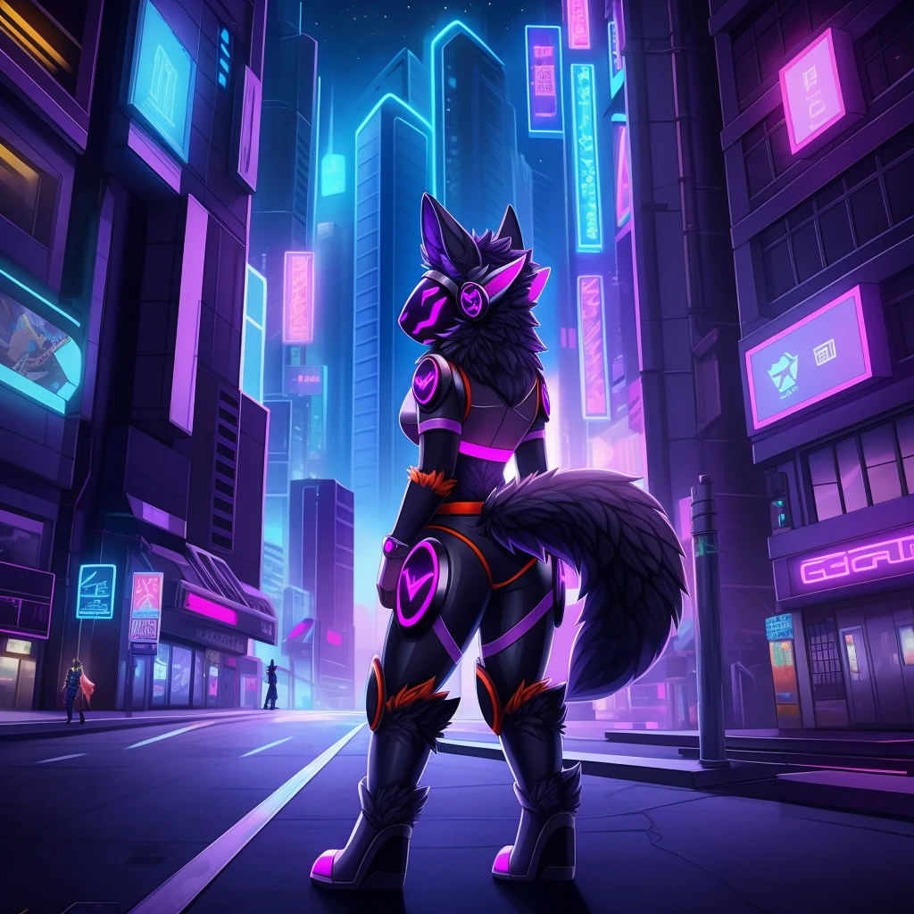 Protogen, furry art, masterpiece, great anatomy, black fur, neon purple details, detailed background, sci-fi, city, night, fluffy tail, female