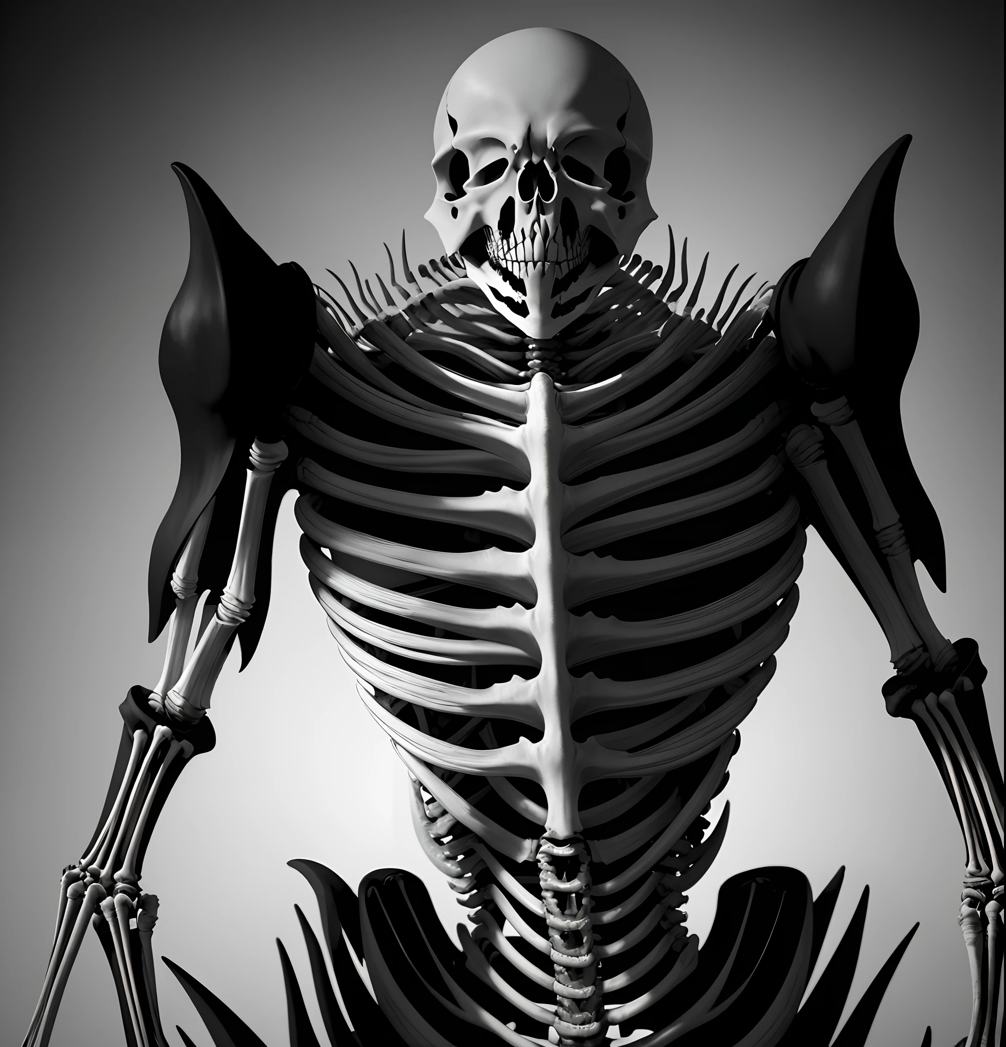 The body is exceptionally elongated and skeletal, with each limb resembling long, bony appendages. Its arms and legs terminate in sharp, claw-like fingers, adding to its menacing appearance. The majority of its body is shrouded in a pitch-black color, accentuated by white stripes and markings, creating a stark and eerie contrast. This eerie design is intended to evoke a sense of dread