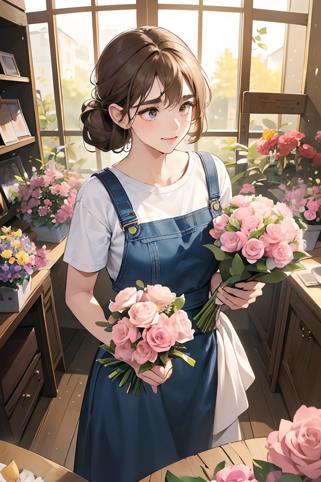 (masutepiece, Digital Art, Digital Illustration, 4K, 8K, Ultra-detailed, beautiful image, Sharp Image, Photorealistic, Raw photo, Perfect face, Perfect lines, Perfect eyes, Soft lighting) 1 woman, (lightbrown hair,Chignon hair in a high position,Innocent look,drooping eyebrows,drooing eyes,with round face,Innocence,cute little,big eye,natural make up,kindly smile,Colossal tits,short stature,23 y-o woman:1.3),1 man with glasses, (ember,Man in a casual t-shirt,Loose round neck,well-muscled,Firm shoulder width,Adult male,Horn cutting,denim,pinafore,A man in his 30s with a blurry expression:1.2),Flower Shop,Florist storefront,Shopkeepers and clerks,Jobs Table,Ribbons of different colors,Different types of flowers,lots of flower,(Nervous,be shy,sleepy,embarrassed from:1.1),Open your thin mouth,Standing picture,floral arrangements,innocent smiles,Looking at the camera,Dating,(Bouquet of pink roses,flower arrangement:1.1),White lace shirt,In delivery,lots of ribbons,wrapping
