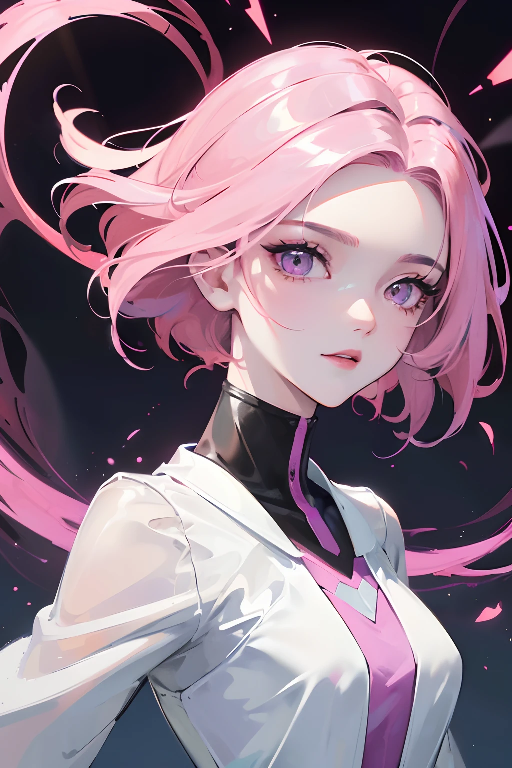(Master parts, Best quality, hyper-detailing, Best shade), (white backgrounid), (beautiful face detail), hight contrast, (best illuminate, Extremely Delicately Beautiful), (Cinematic light)), vivd colour, Hippel de Tal Hamento, intricately details, Standing painting (1 girl, soio, forehead, A pink-haired, Sharp face, Short hair, Long fluorescent coating (brokenglass), Workwear, Redness of the eyes, hair between eye), The light swirls around the character, Purple light particles, Magical Circle, cyber punk style