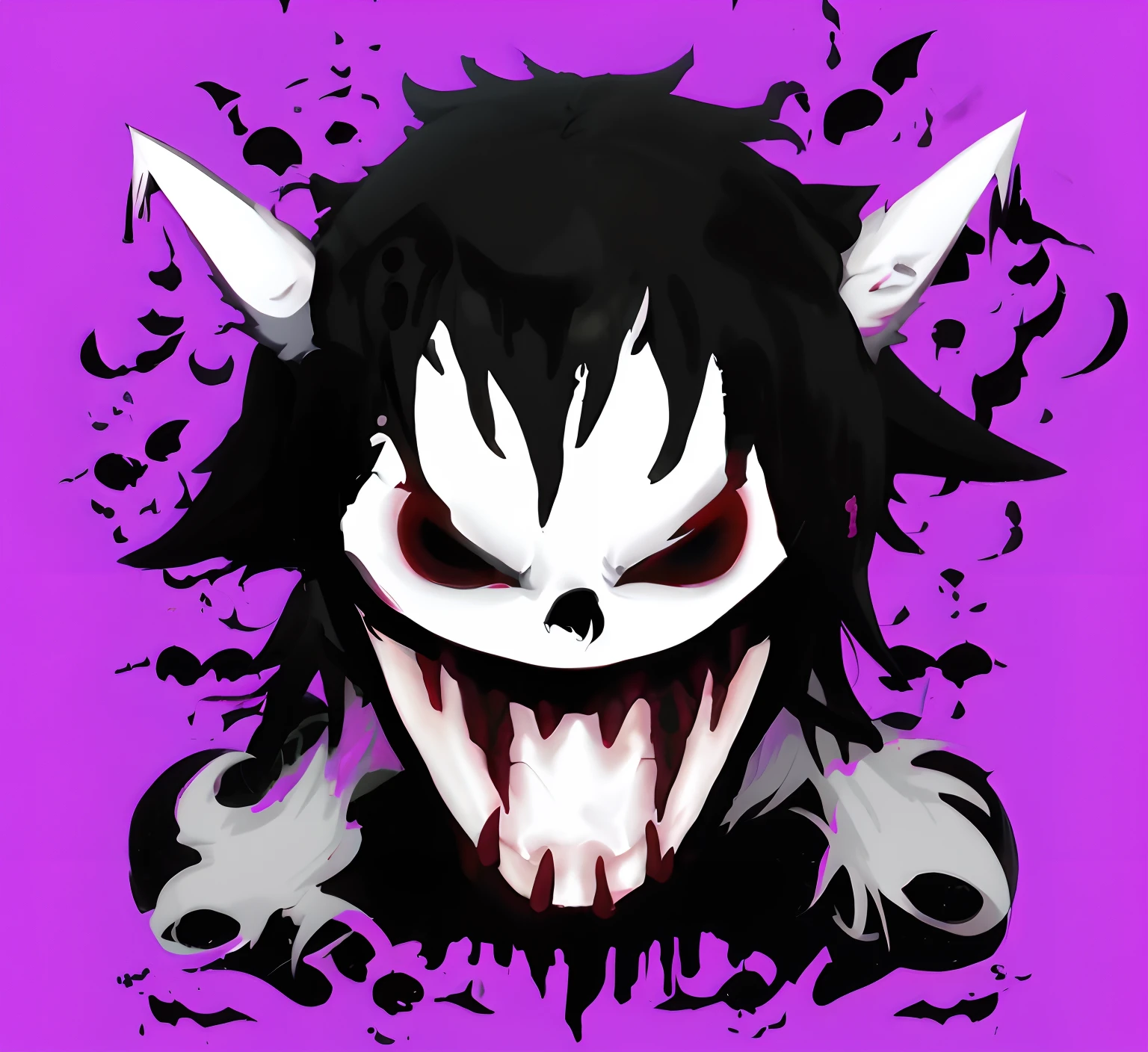 a close up of a cartoon character with a creepy face, gapmoe yandere grimdark, overlord!!!, venomfang, portrait gapmoe yandere grimdark, the reaper as a scary, reaper of night!!!!, [[[[grinning evily]]]], evil grin, shinigami, white scary skin, from overlord, nightmare portrait Black long hair, vampire mount, blood drops