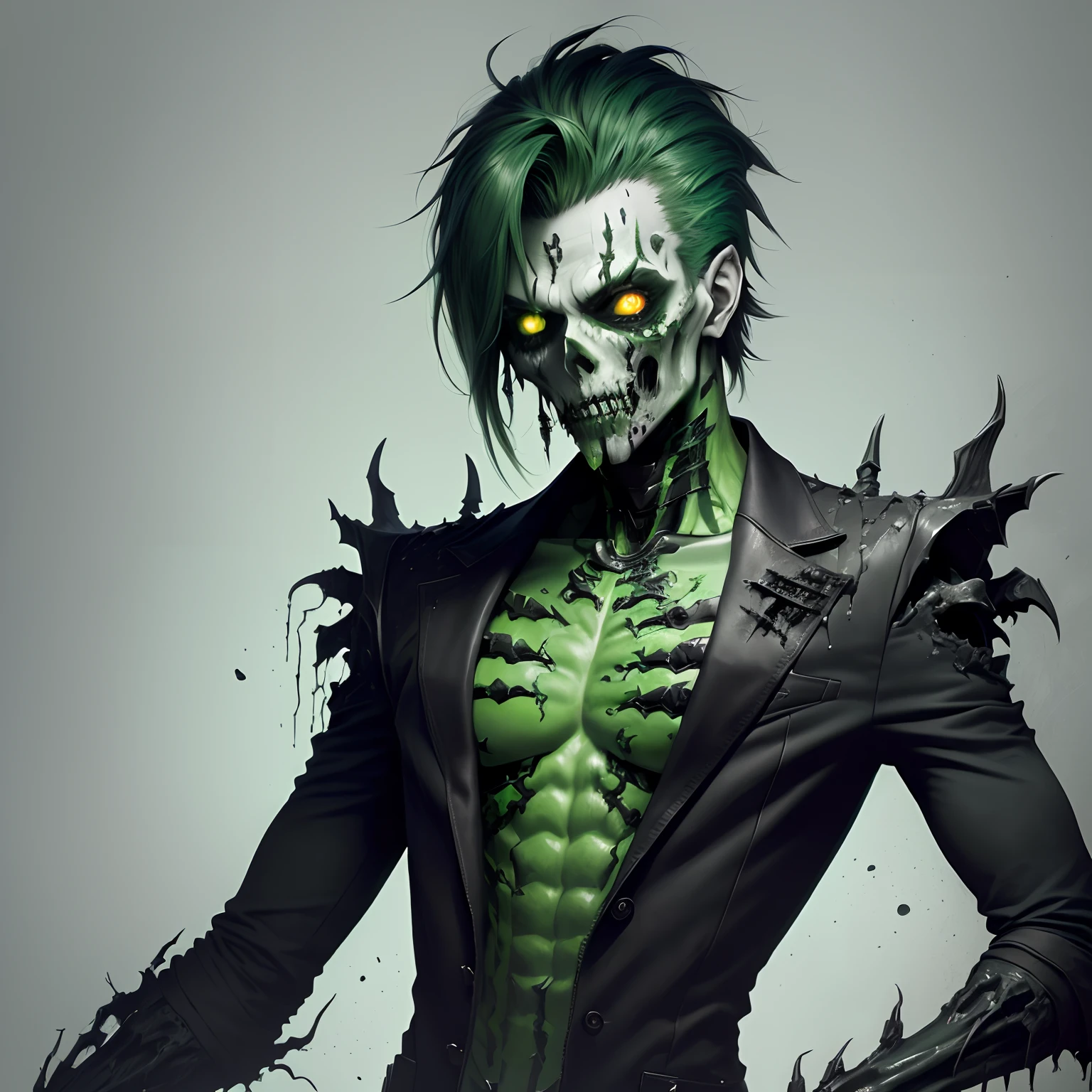 a masculine zombie with green skin, visable bones and goth clothing